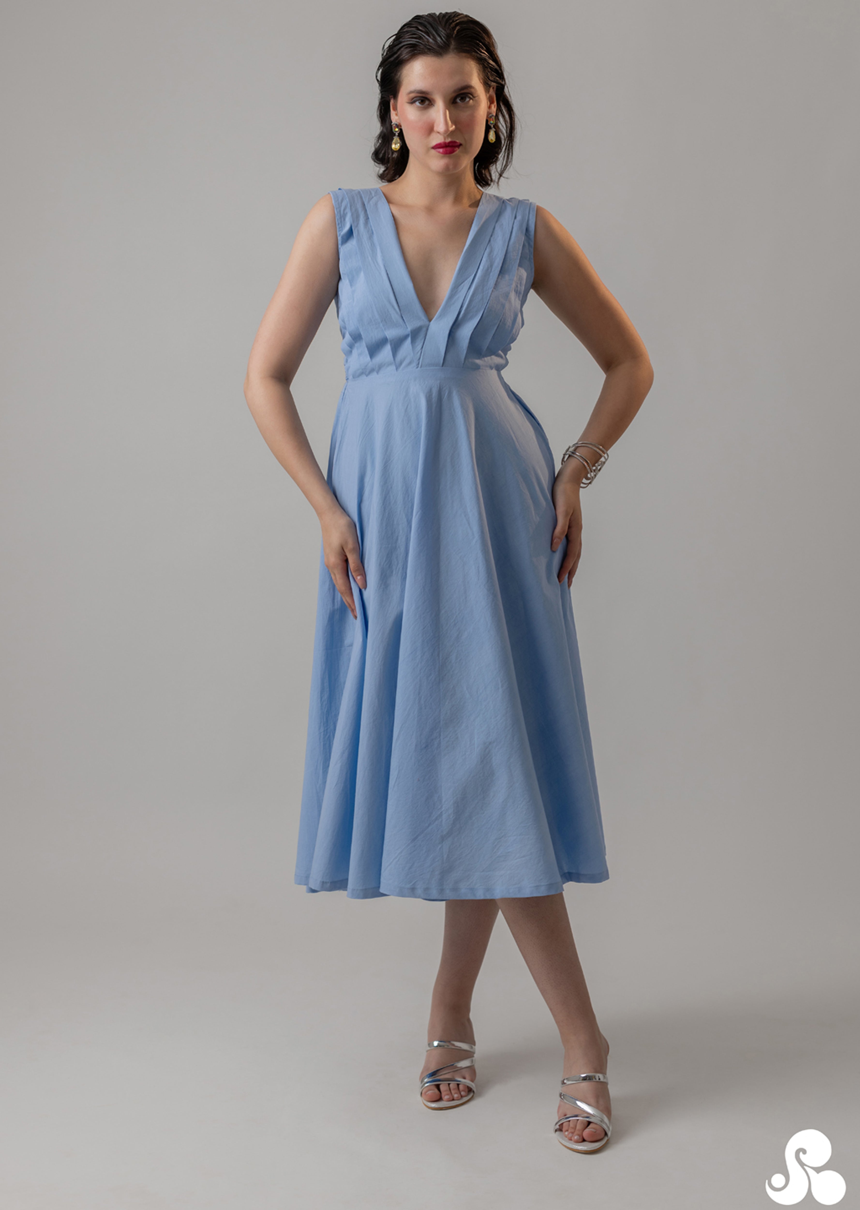 POWDER BLUE COTTON POPLIN MIDI DRESS