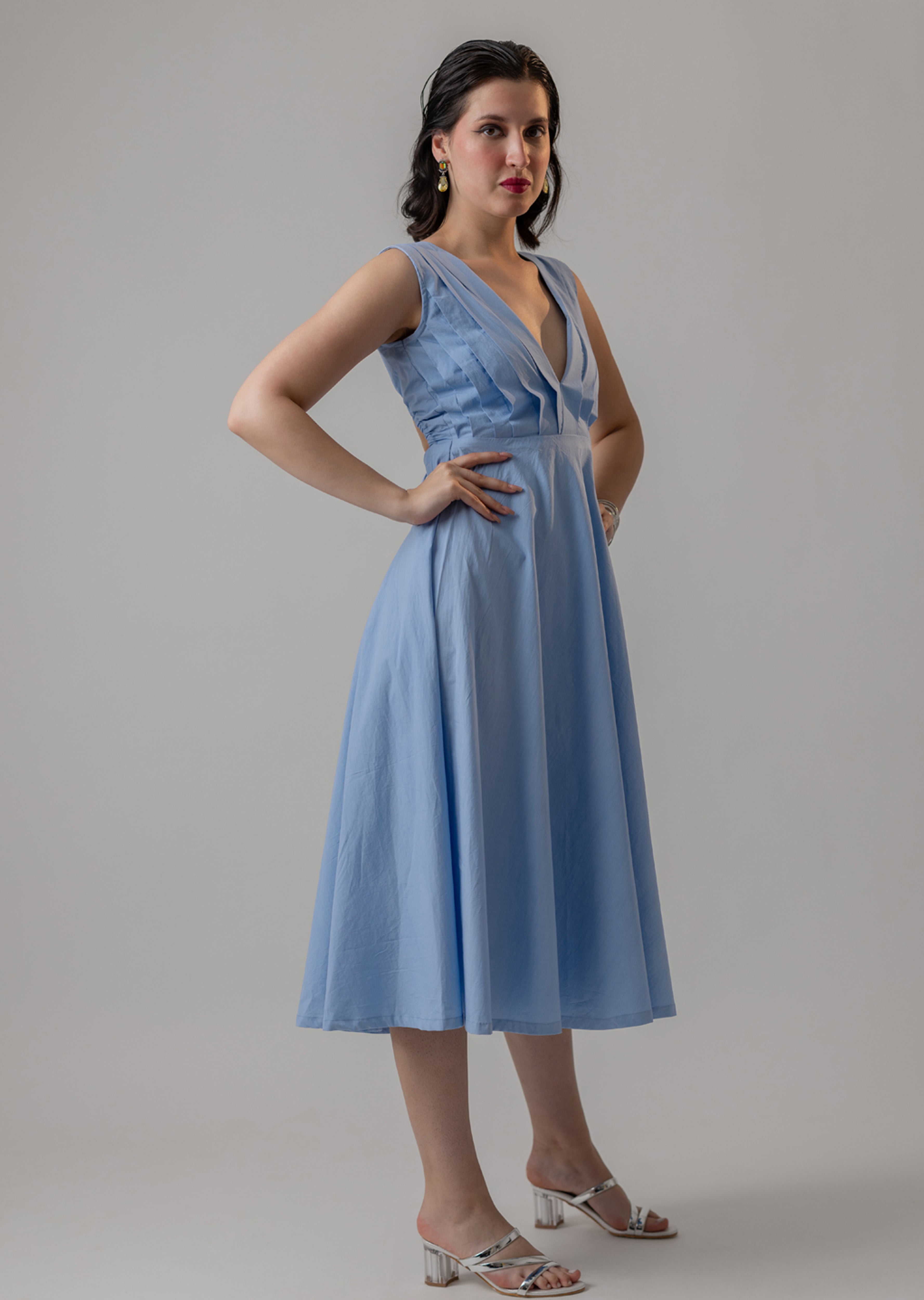 POWDER BLUE COTTON POPLIN MIDI DRESS