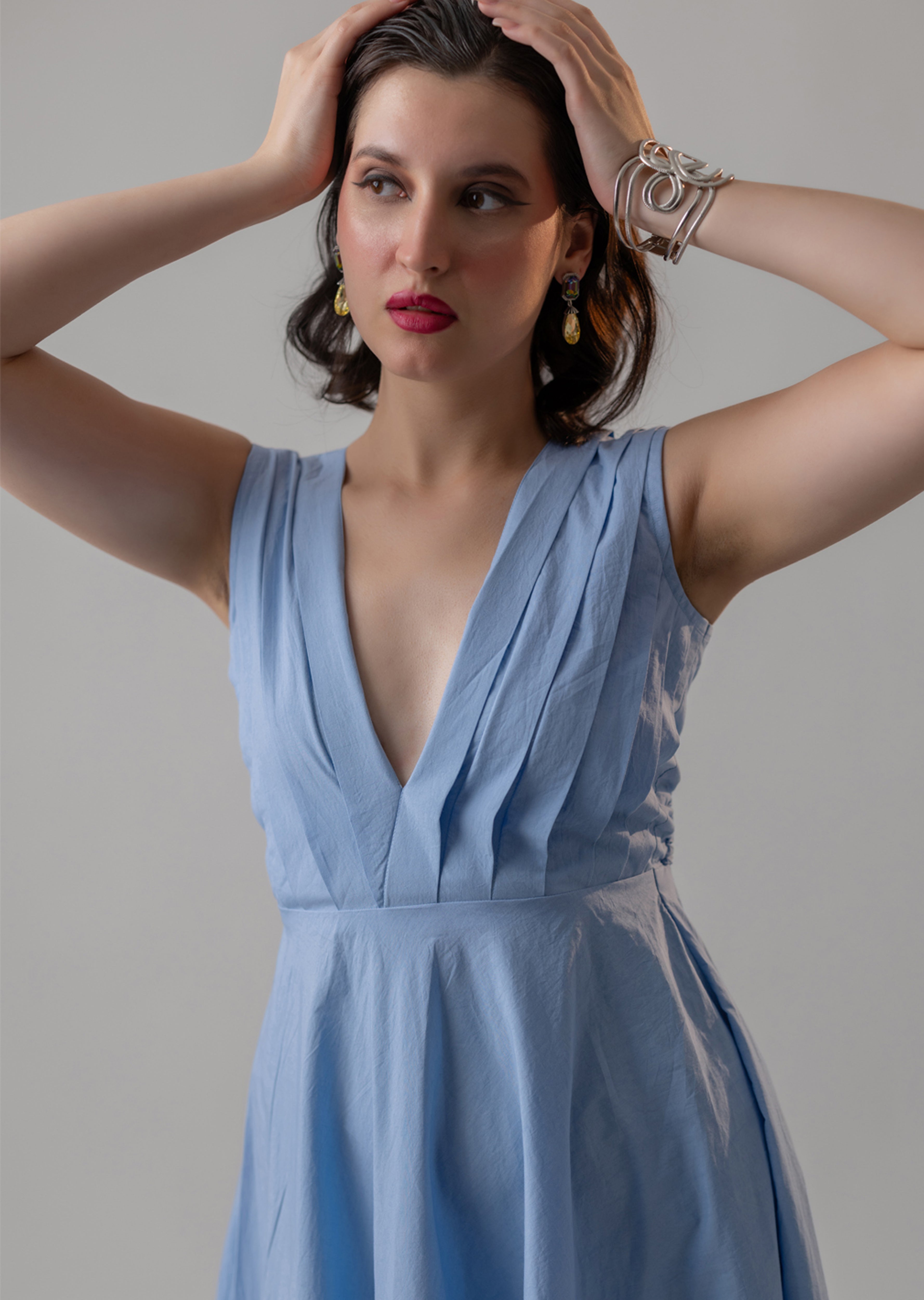 POWDER BLUE COTTON POPLIN MIDI DRESS
