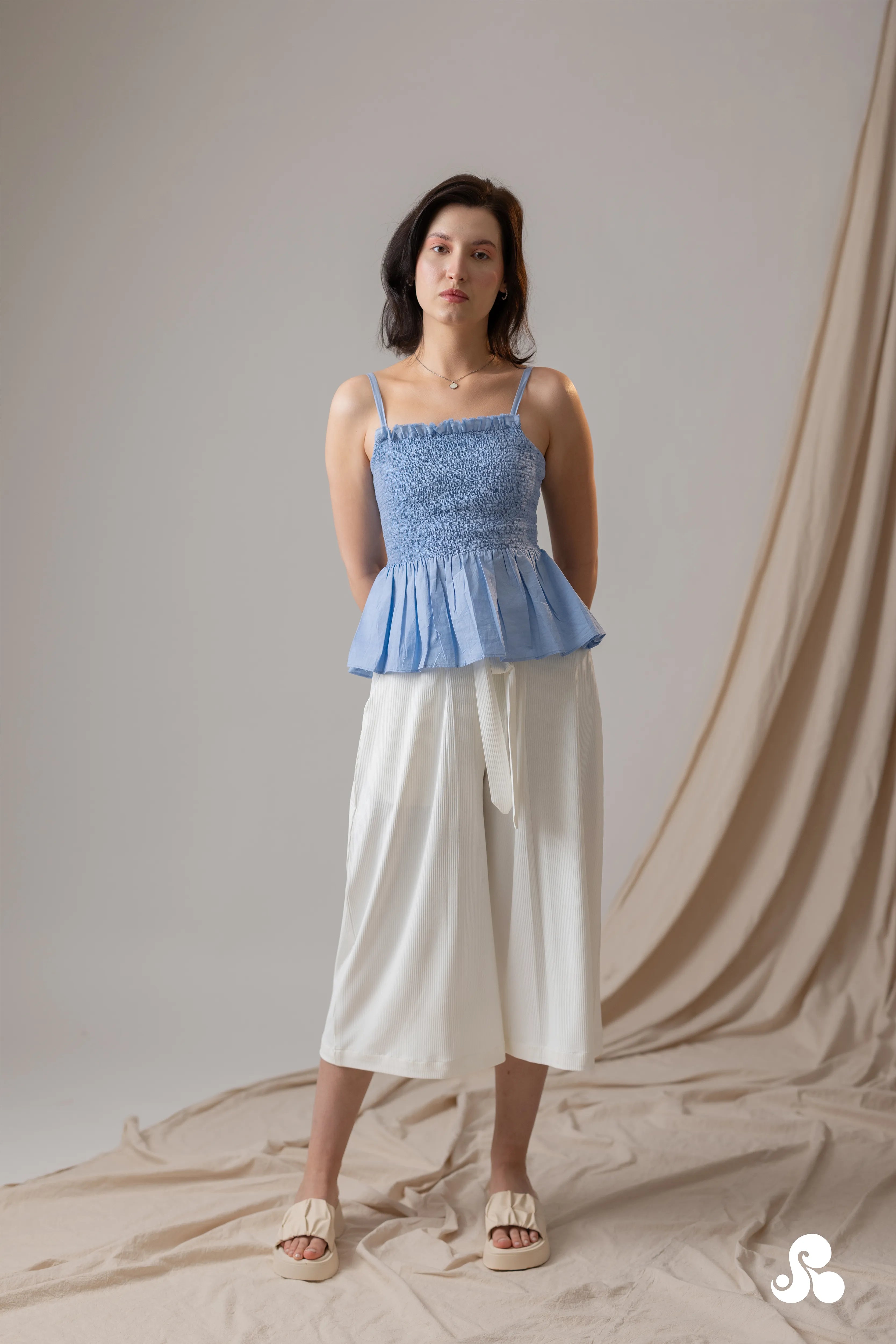 SMOCKED POPLIN PEPLUM TOP