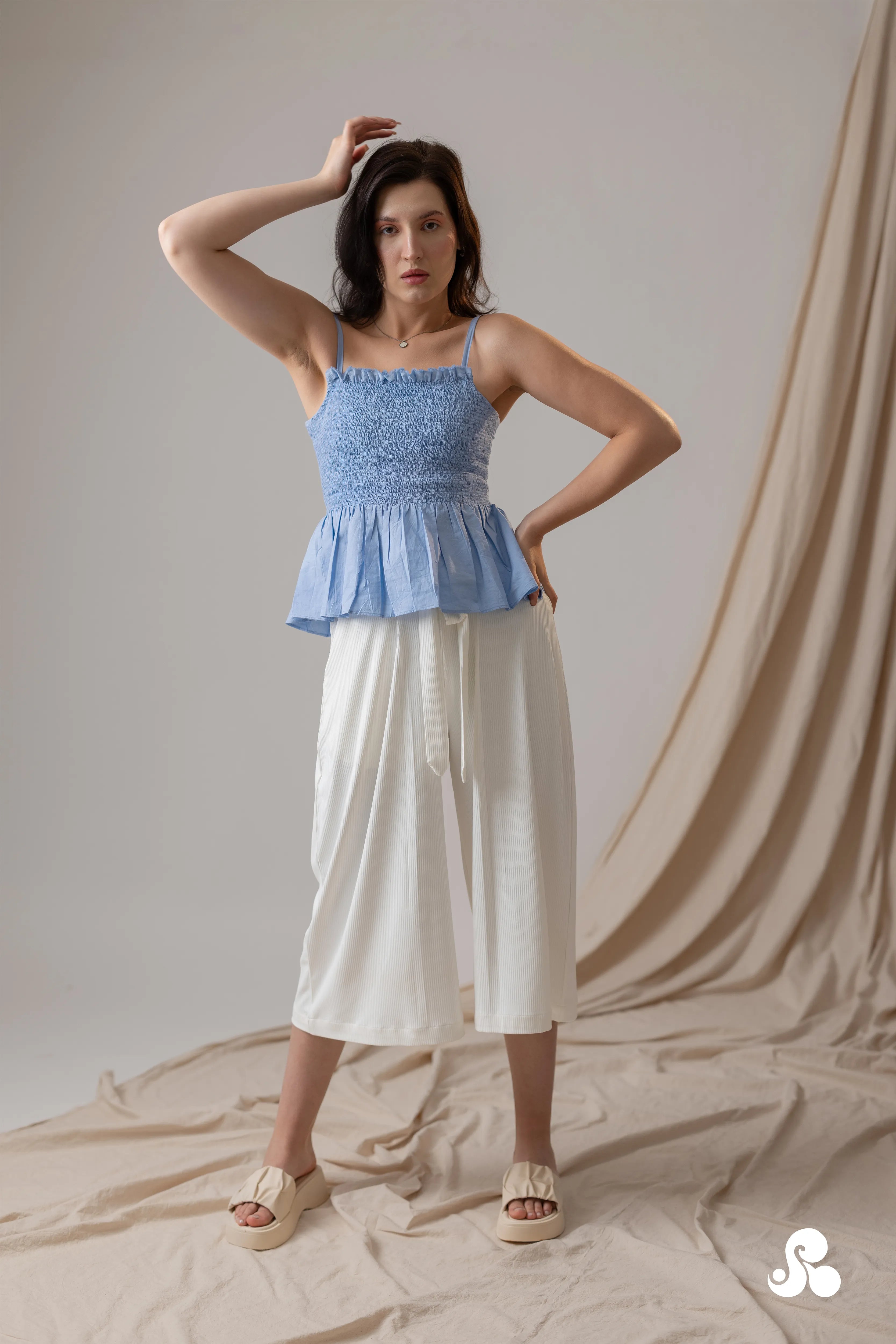 SMOCKED POPLIN PEPLUM TOP