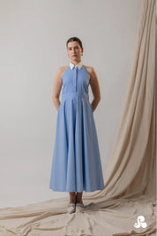 POWDER BLUE COTTON POPLIN HALTER MIDI DRESS