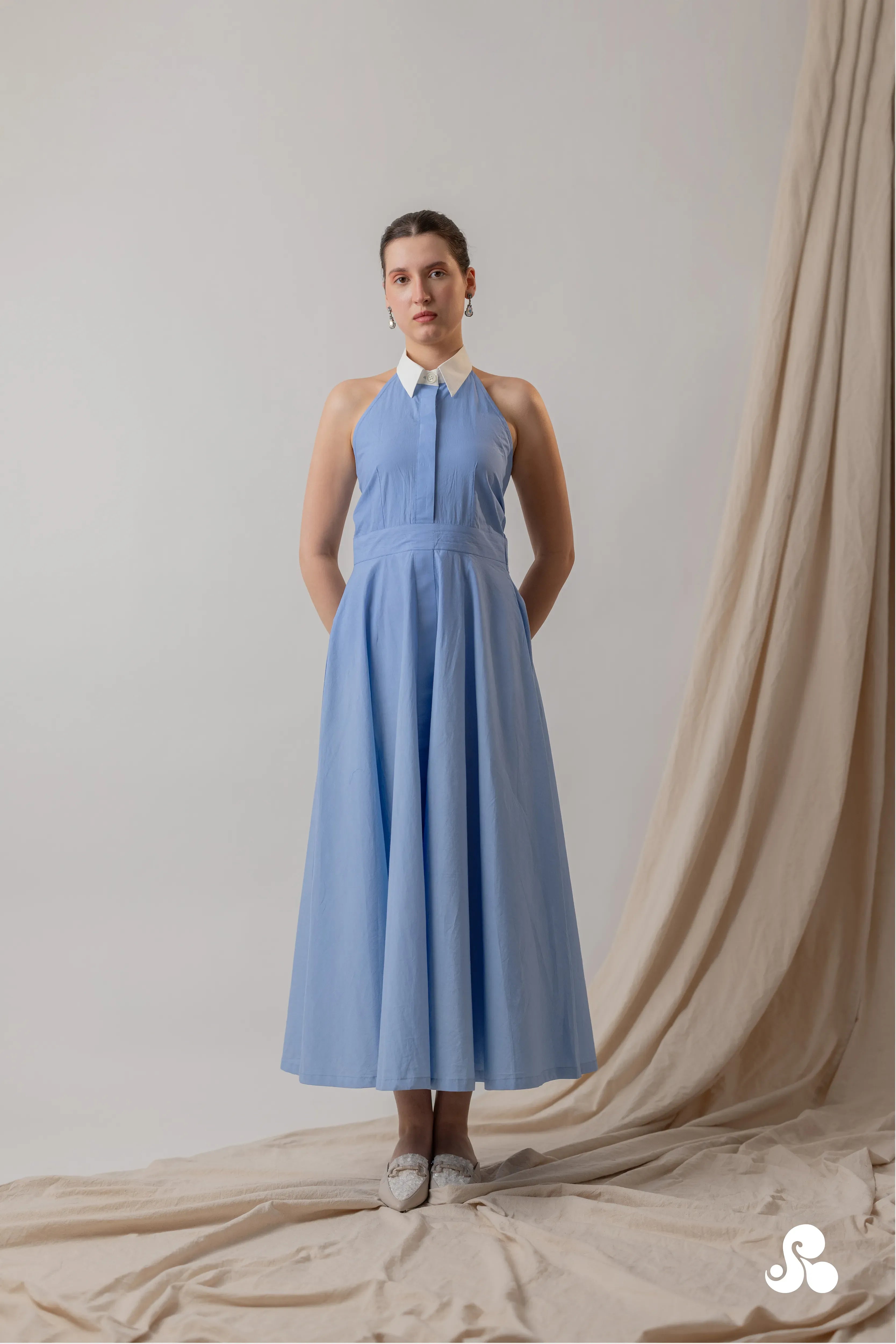 POWDER BLUE COTTON POPLIN HALTER MIDI DRESS