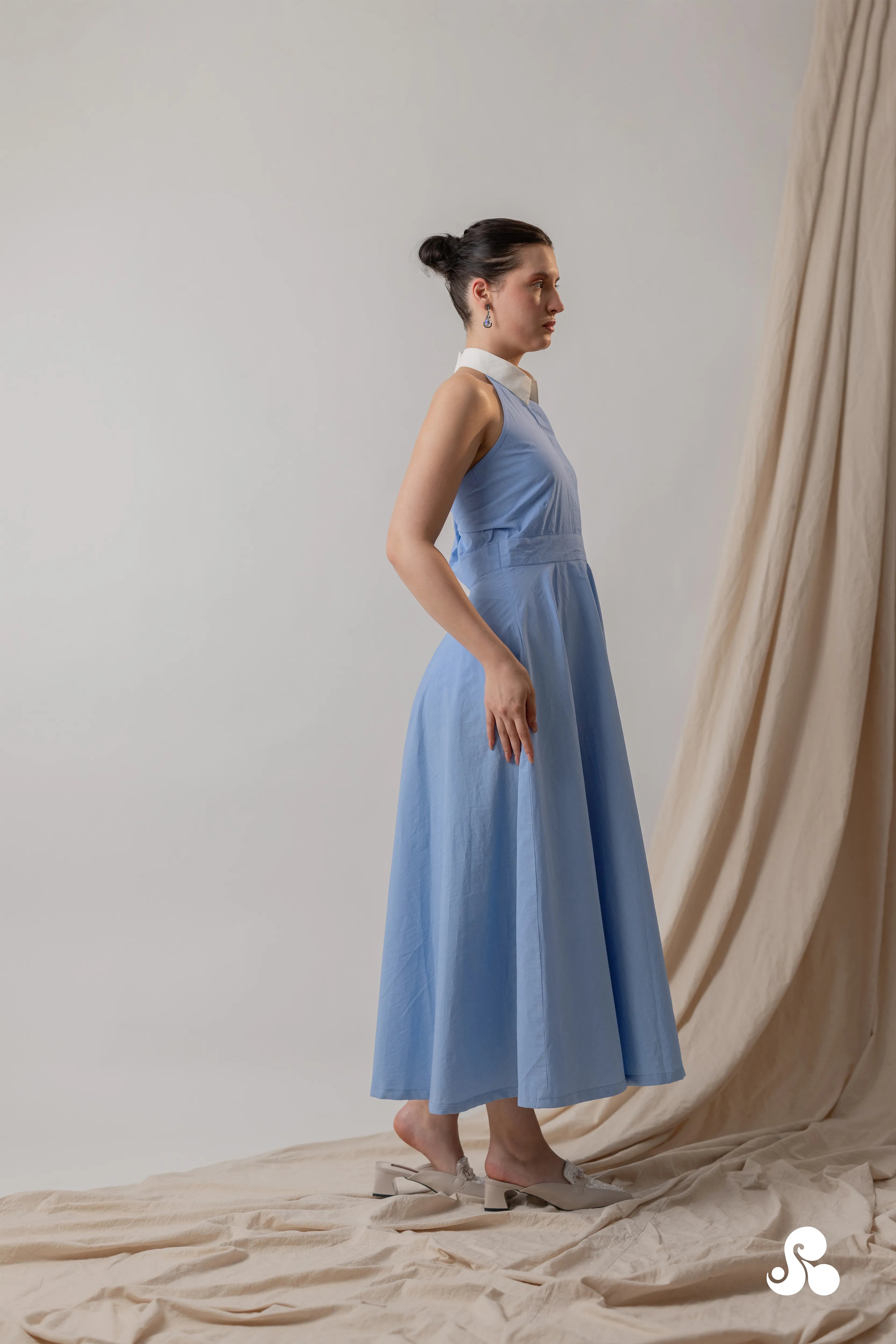 POWDER BLUE COTTON POPLIN HALTER MIDI DRESS