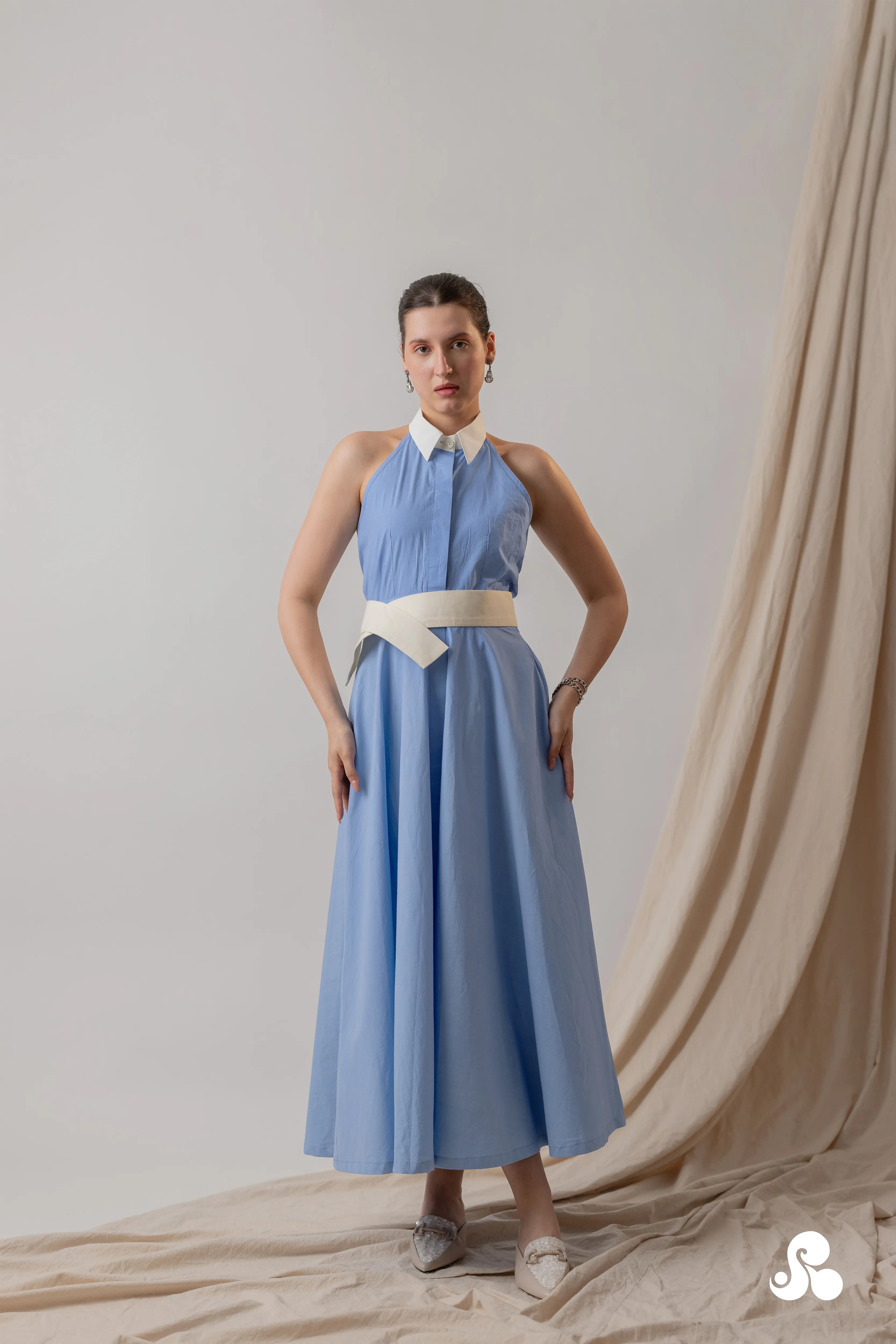 POWDER BLUE COTTON POPLIN HALTER MIDI DRESS