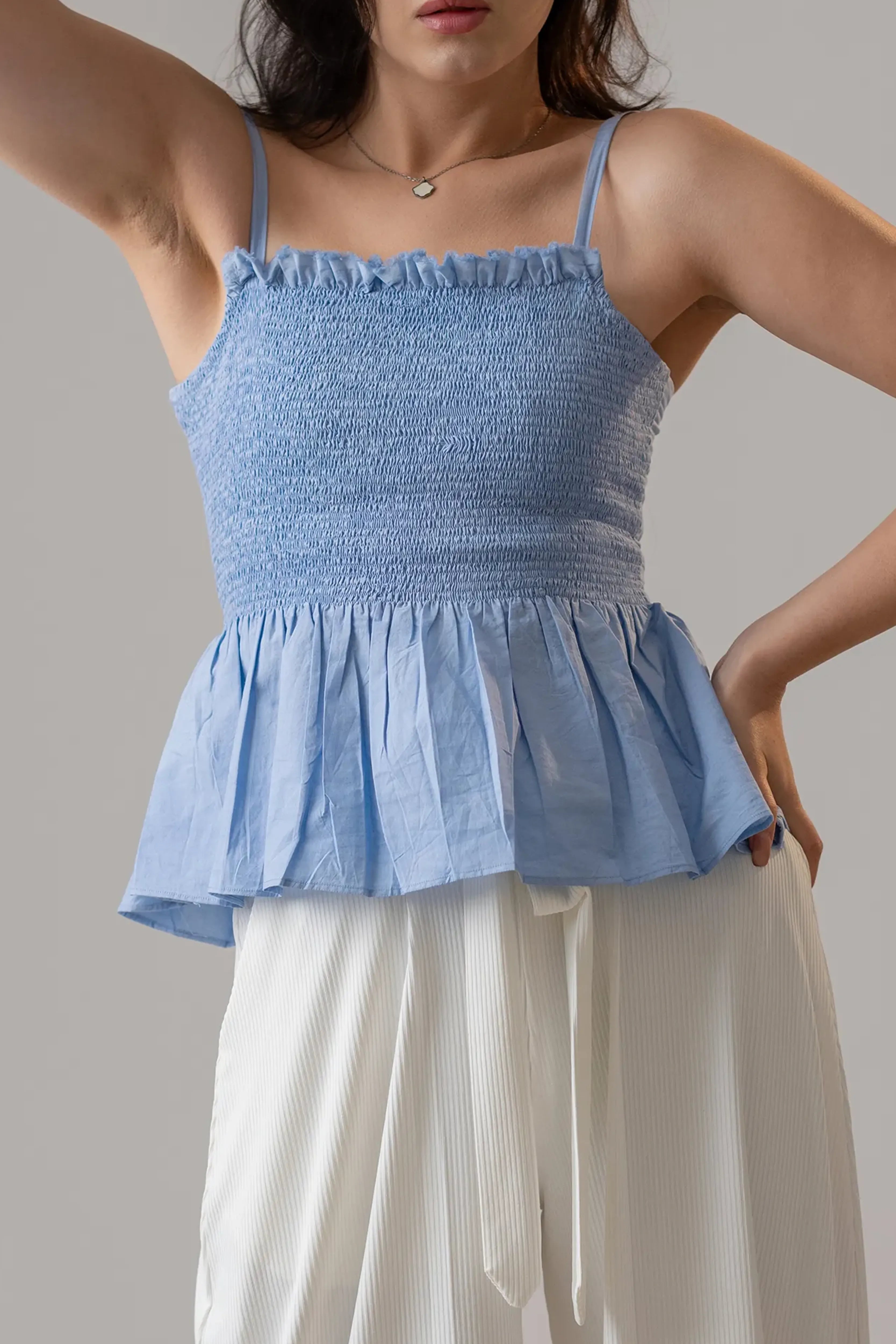 SMOCKED POPLIN PEPLUM TOP