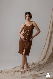 RIBBED KNIT BUTTON-FRONT MIDI DRESS