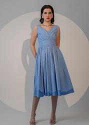POWDER BLUE WRAP-FRONT PLEATED MIDI DRESS
