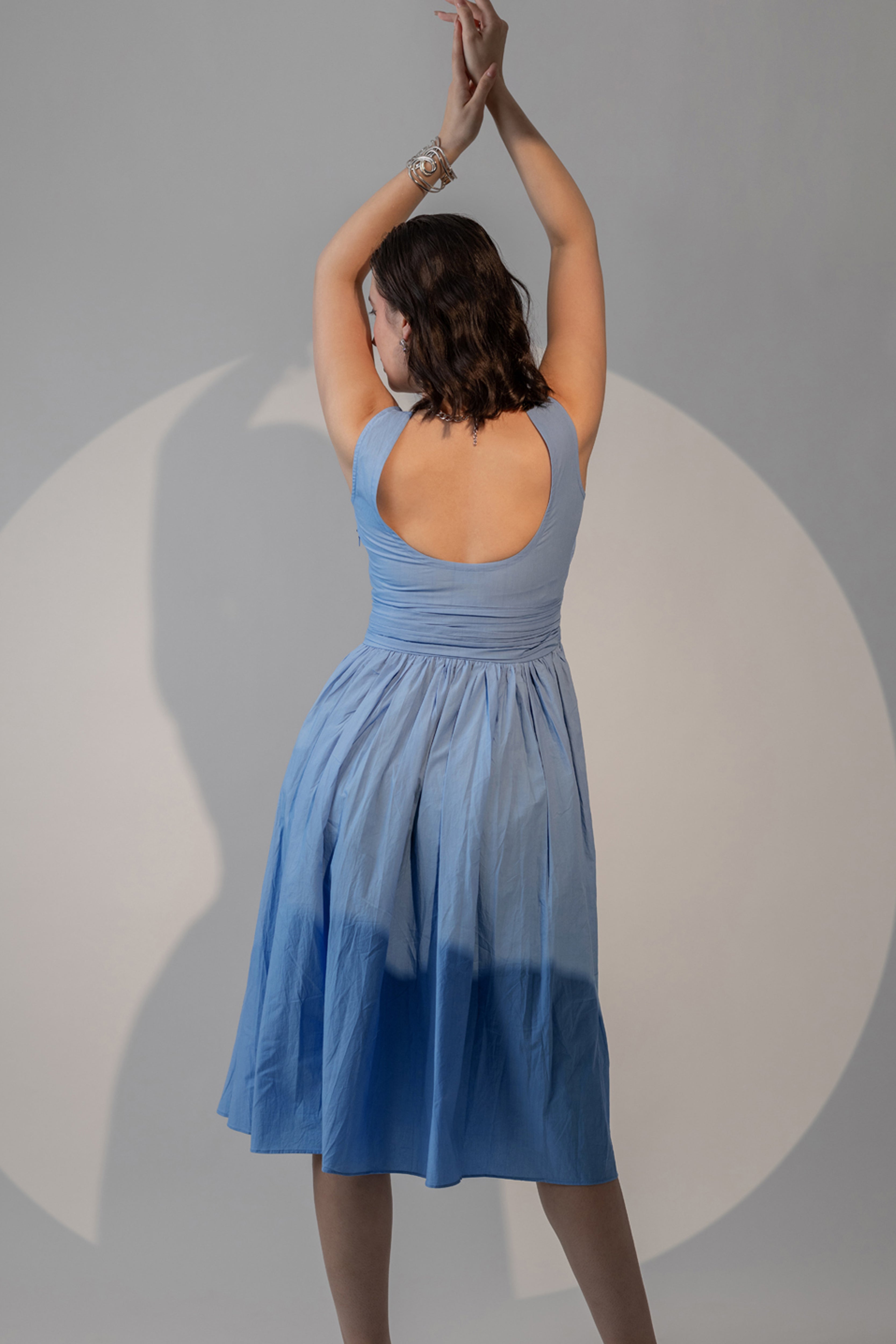 POWDER BLUE WRAP-FRONT PLEATED MIDI DRESS