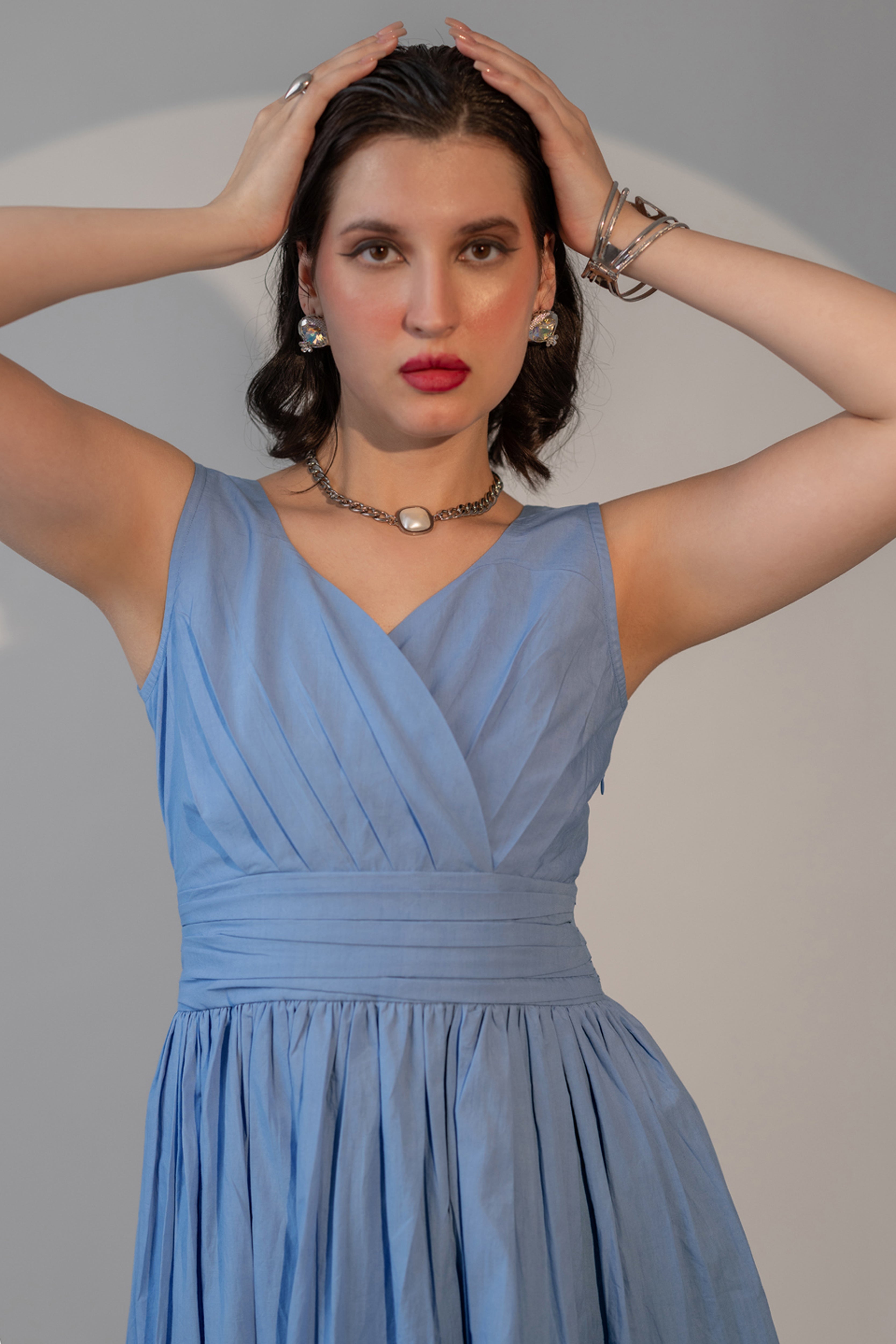 POWDER BLUE WRAP-FRONT PLEATED MIDI DRESS