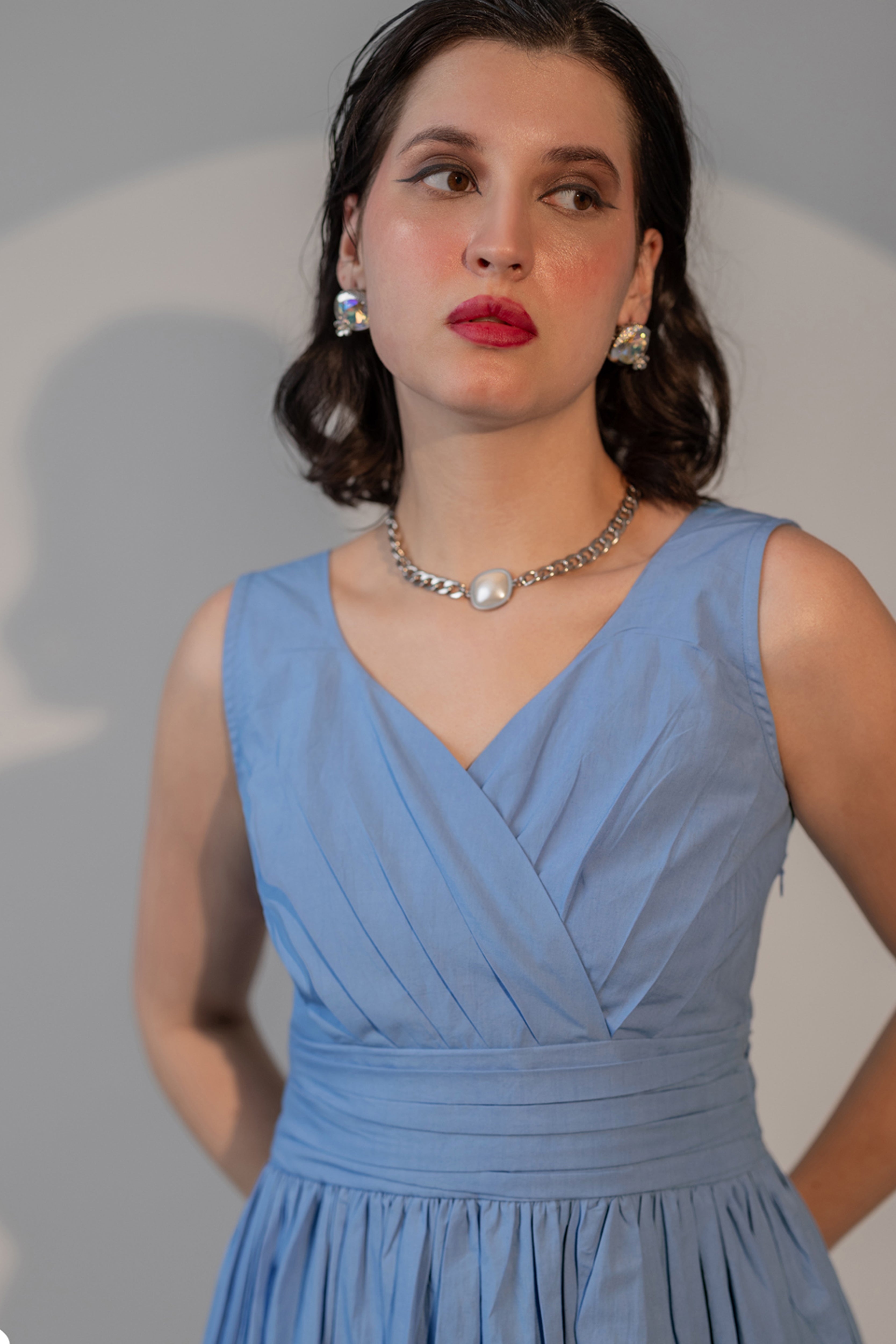 POWDER BLUE WRAP-FRONT PLEATED MIDI DRESS