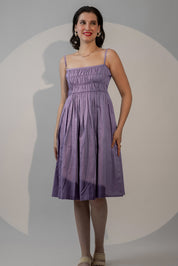 LAVENDER COTTON SATIN SMOCKED MIDI DRESS