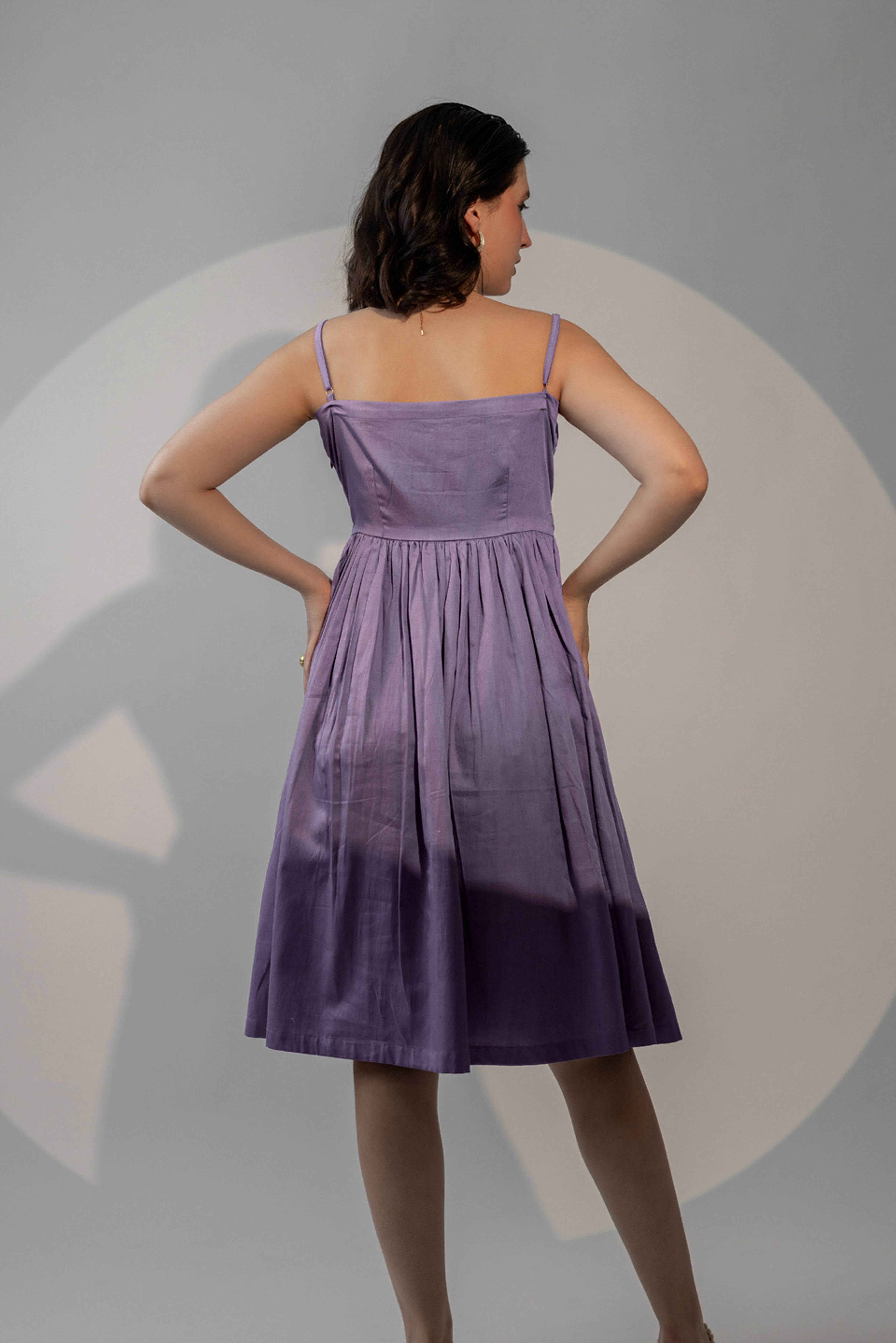 LAVENDER COTTON SATIN SMOCKED MIDI DRESS
