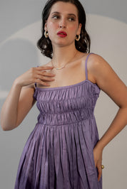 LAVENDER COTTON SATIN SMOCKED MIDI DRESS