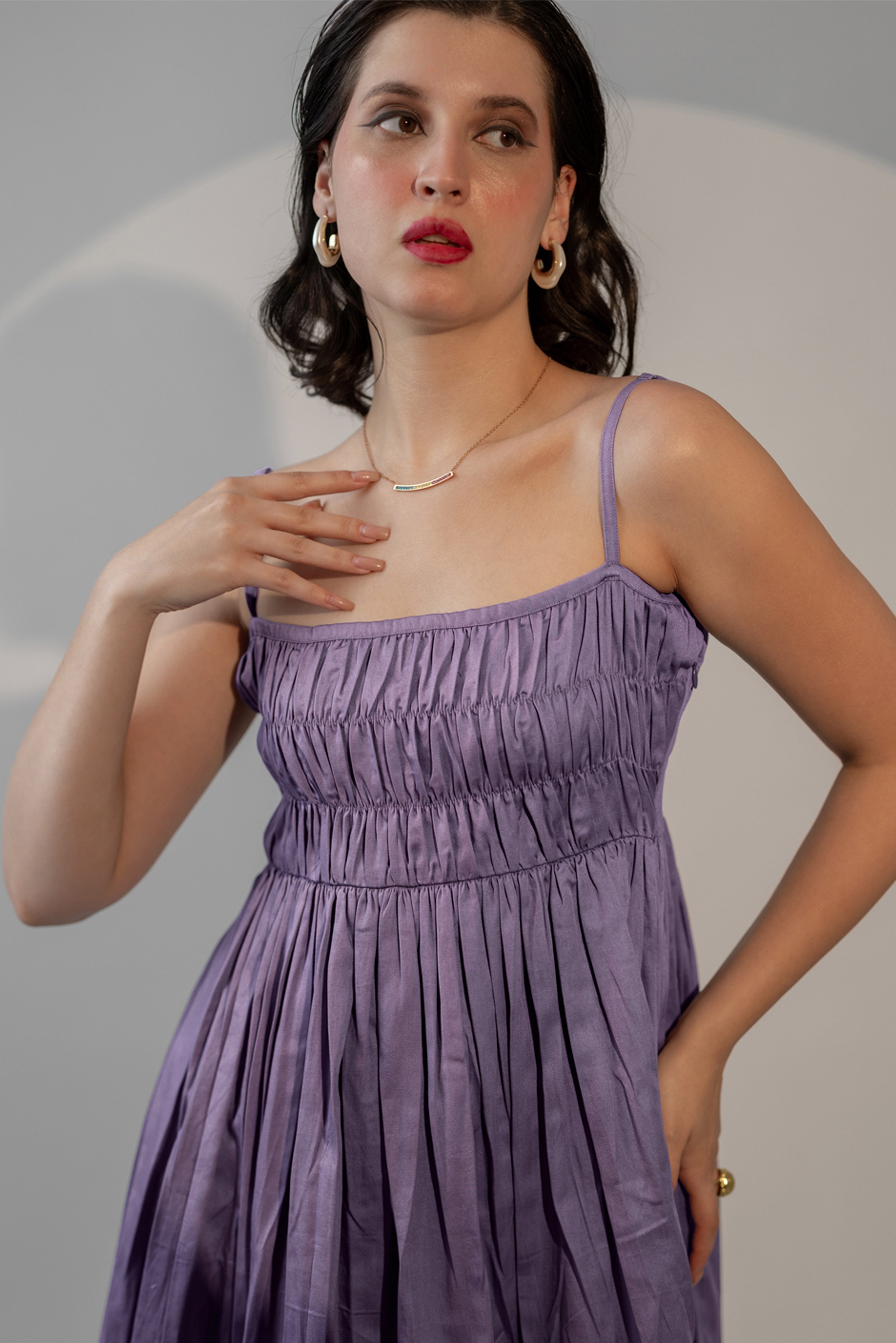 LAVENDER COTTON SATIN SMOCKED MIDI DRESS