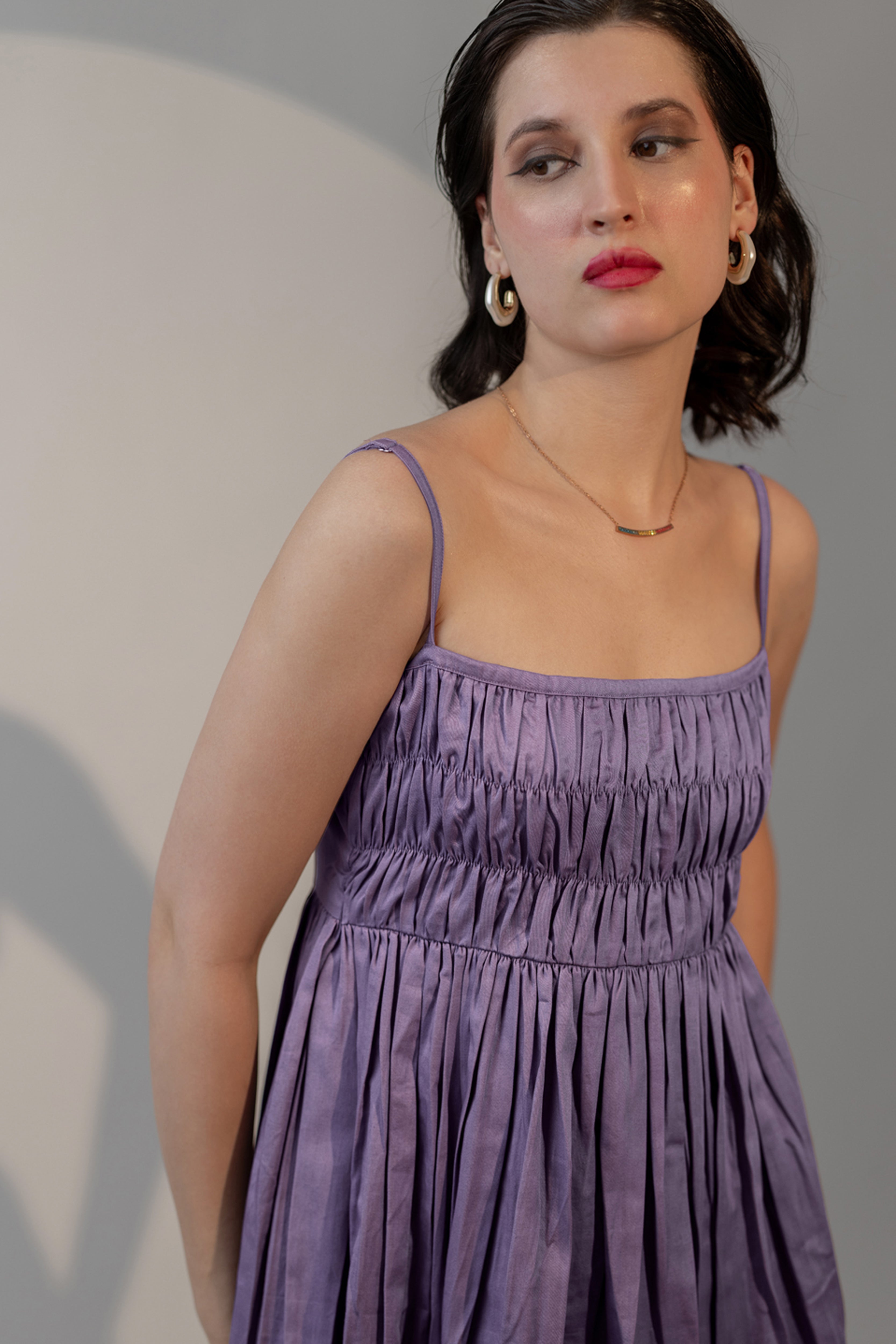 LAVENDER COTTON SATIN SMOCKED MIDI DRESS