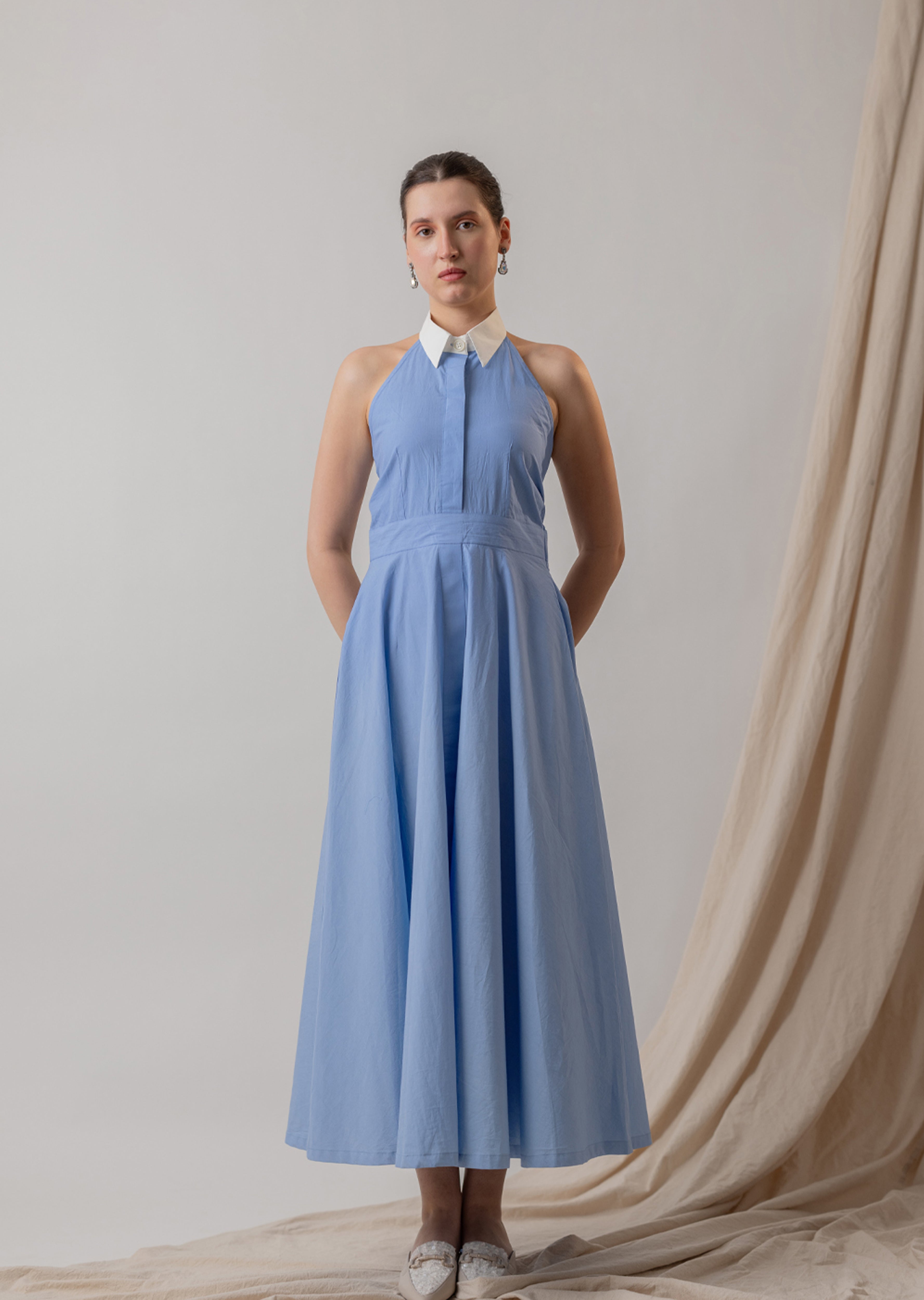POWDER BLUE COTTON POPLIN HALTER MIDI DRESS
