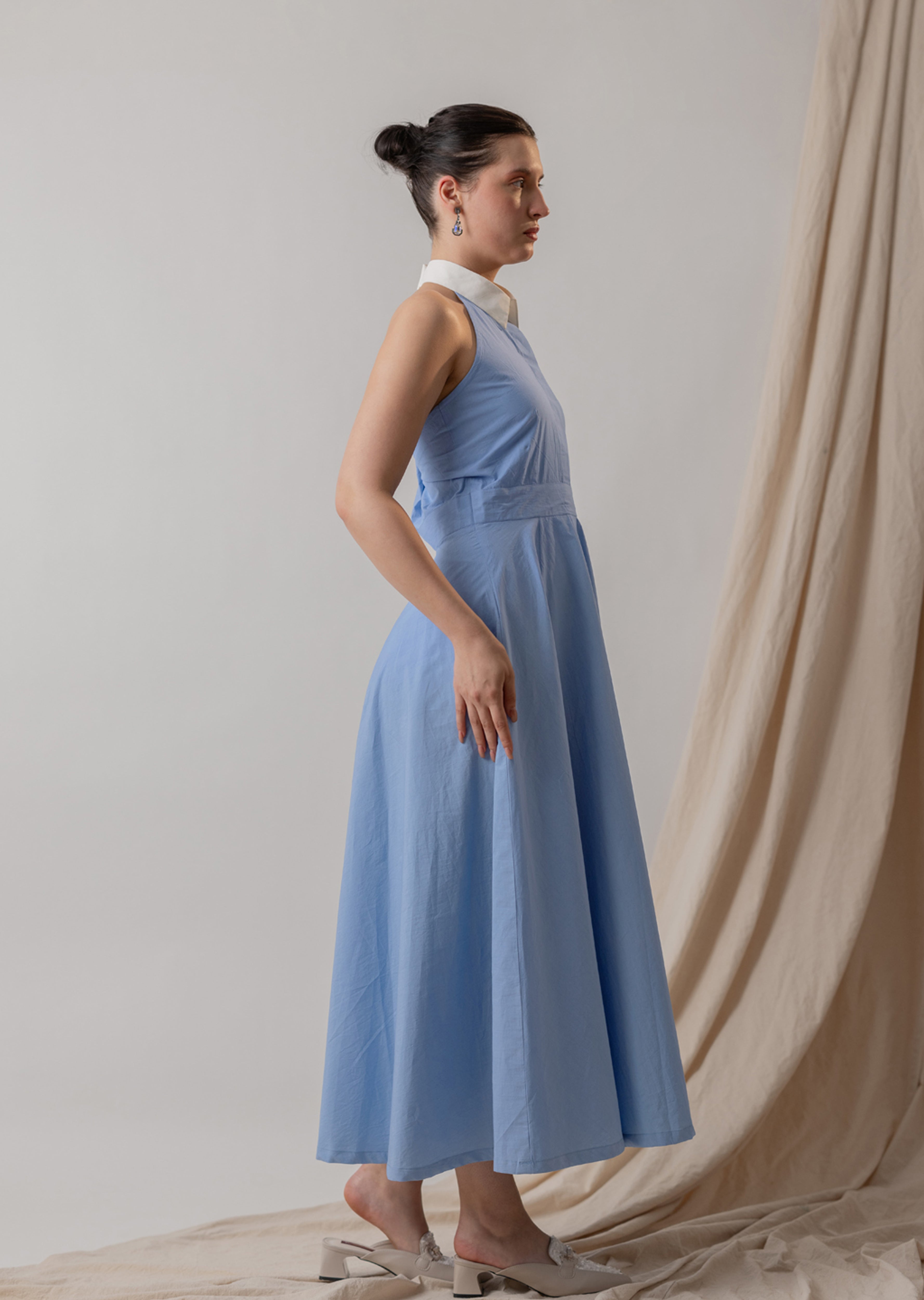 POWDER BLUE COTTON POPLIN HALTER MIDI DRESS