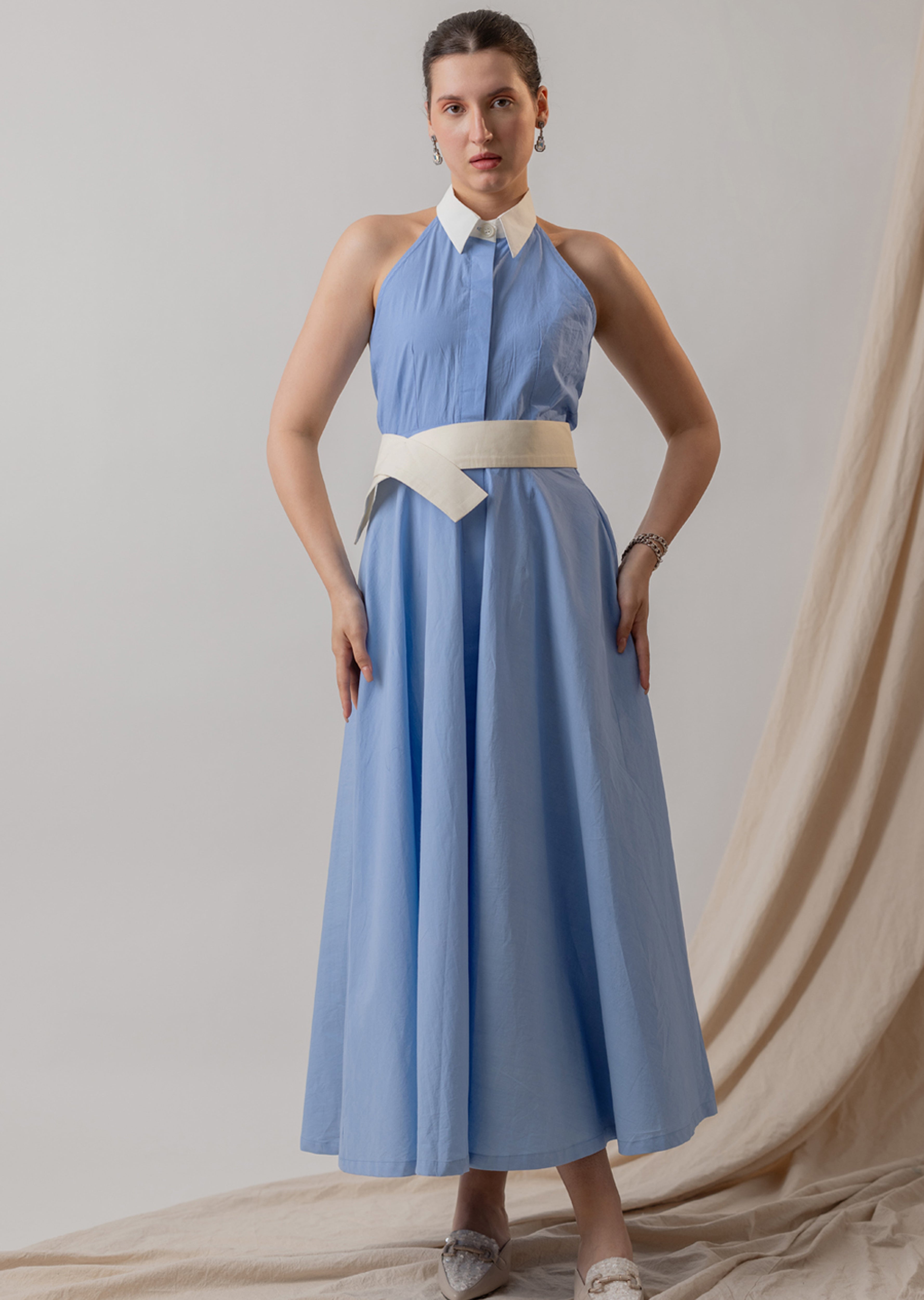 POWDER BLUE COTTON POPLIN HALTER MIDI DRESS
