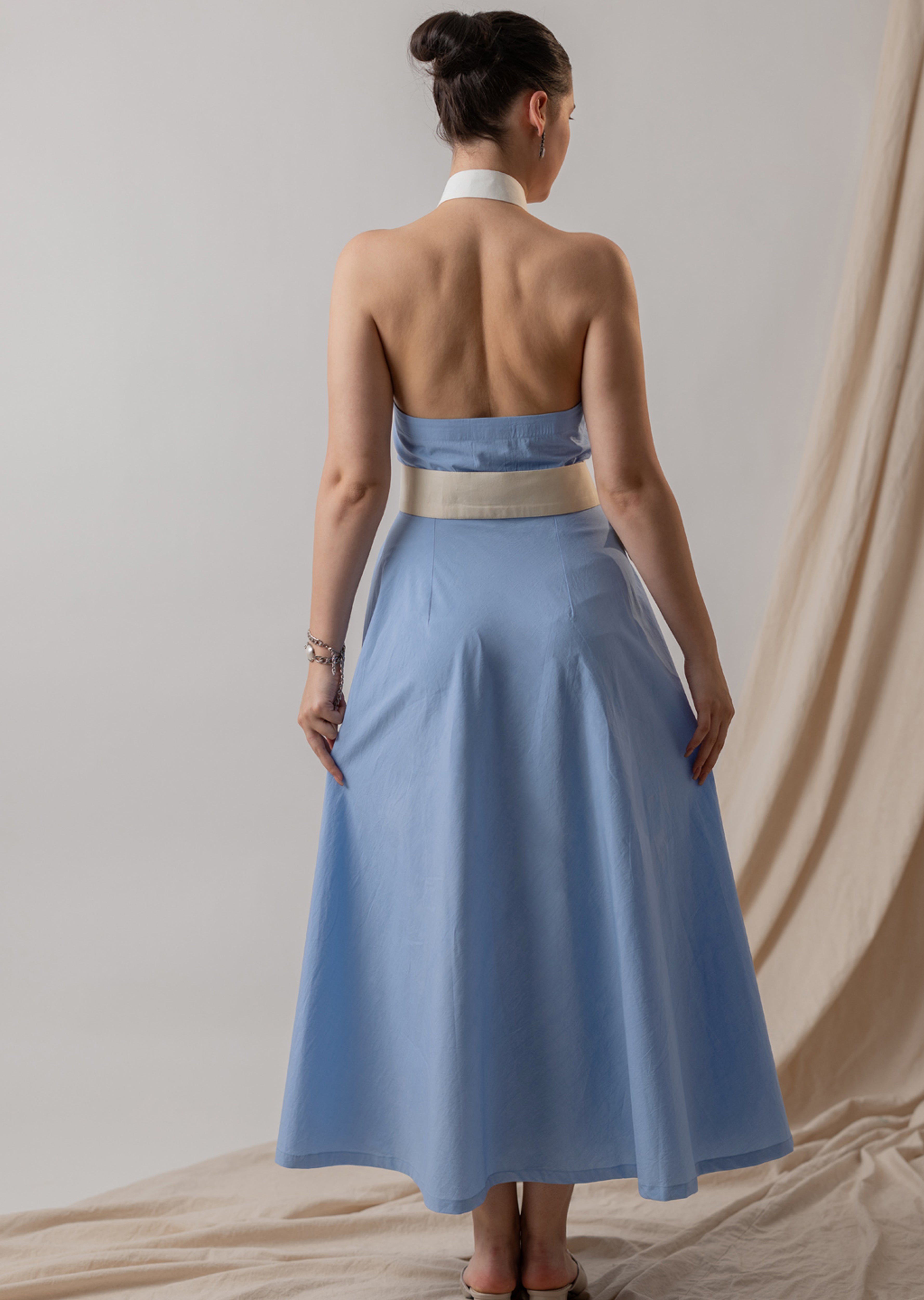 POWDER BLUE COTTON POPLIN HALTER MIDI DRESS