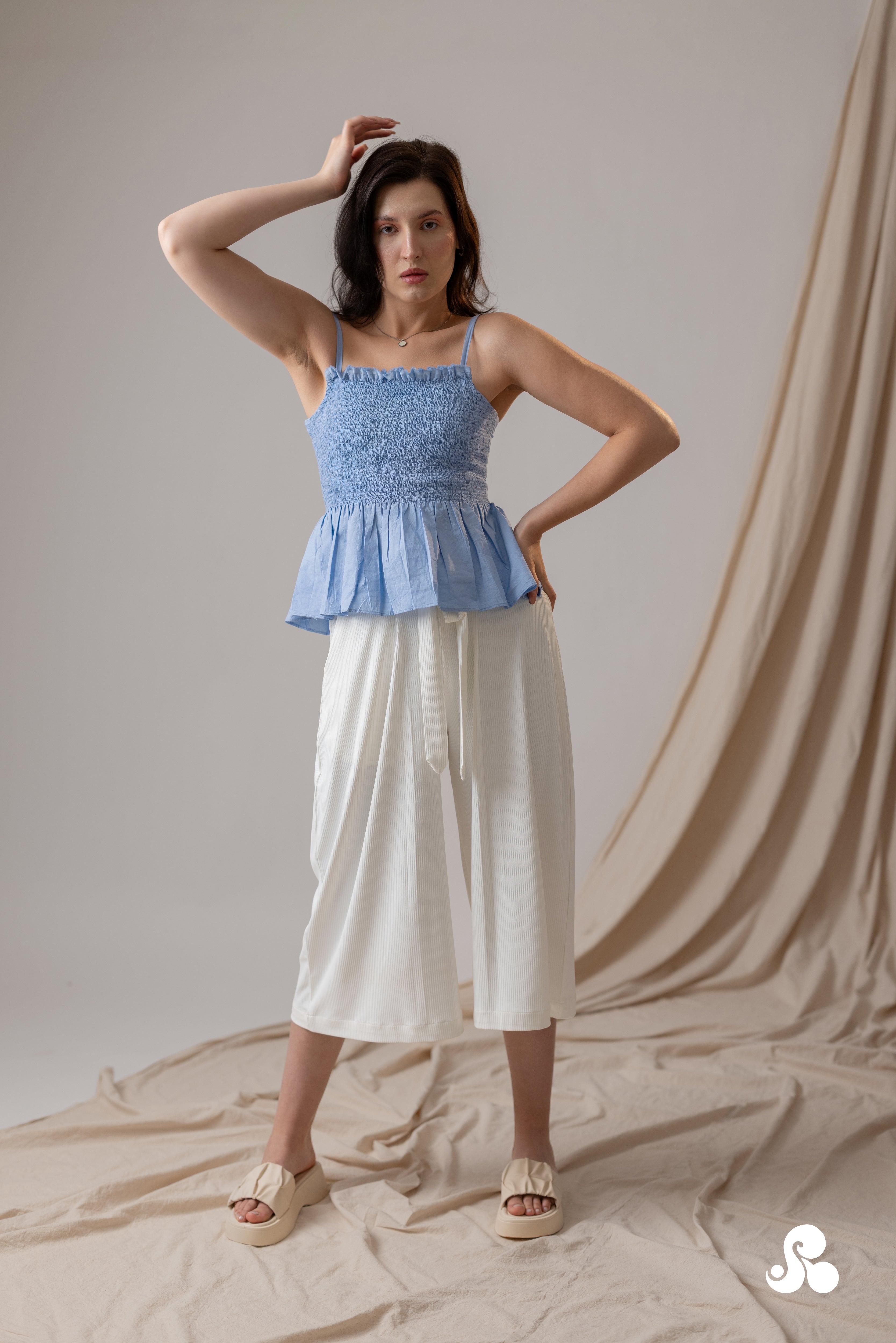 SMOCKED POPLIN PEPLUM TOP