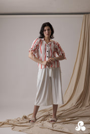STRIPED RUCHED SLEEVE TENCEL SHIRT