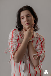 STRIPED RUCHED SLEEVE TENCEL SHIRT