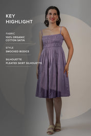 LAVENDER COTTON SATIN SMOCKED MIDI DRESS