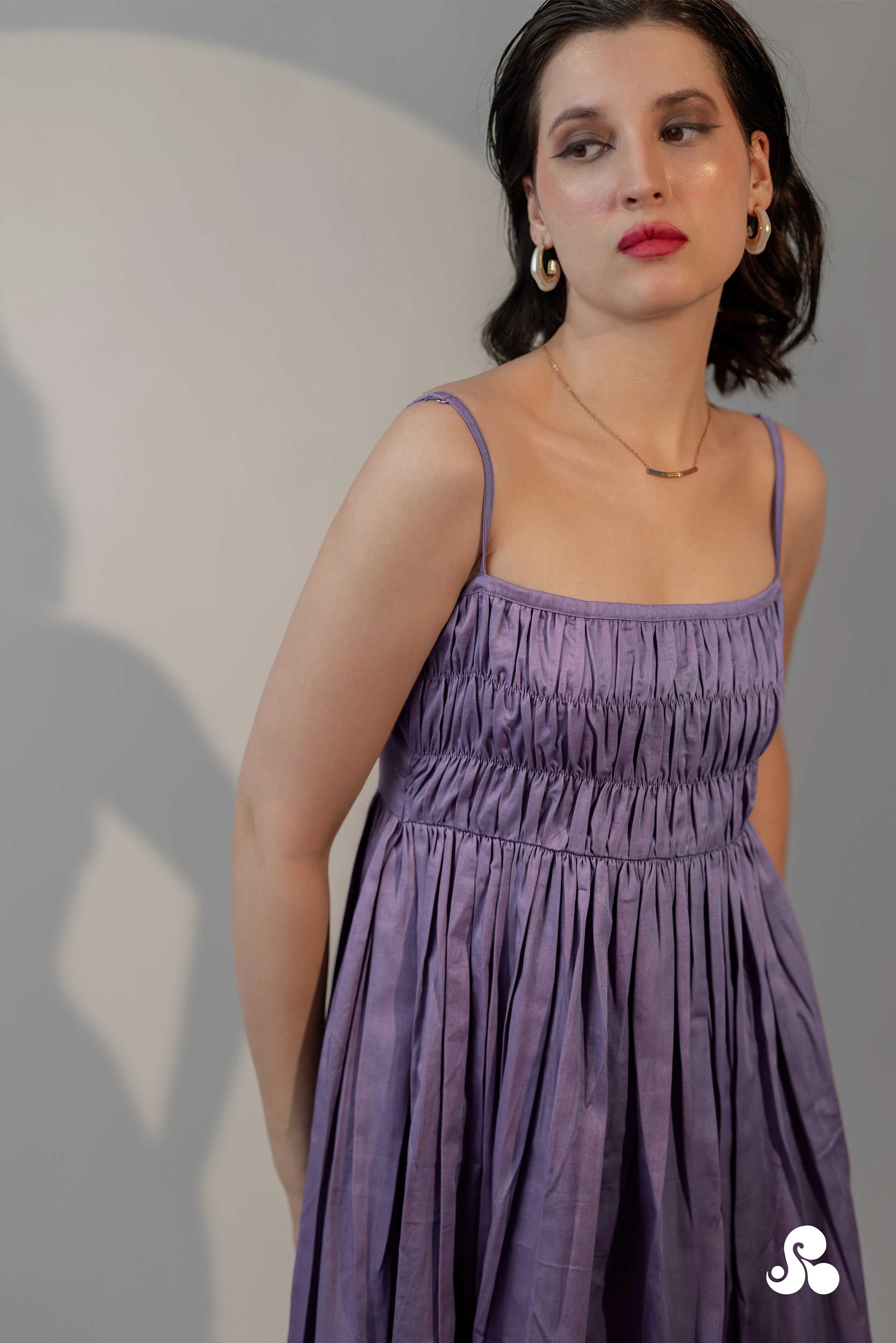 LAVENDER COTTON SATIN SMOCKED MIDI DRESS