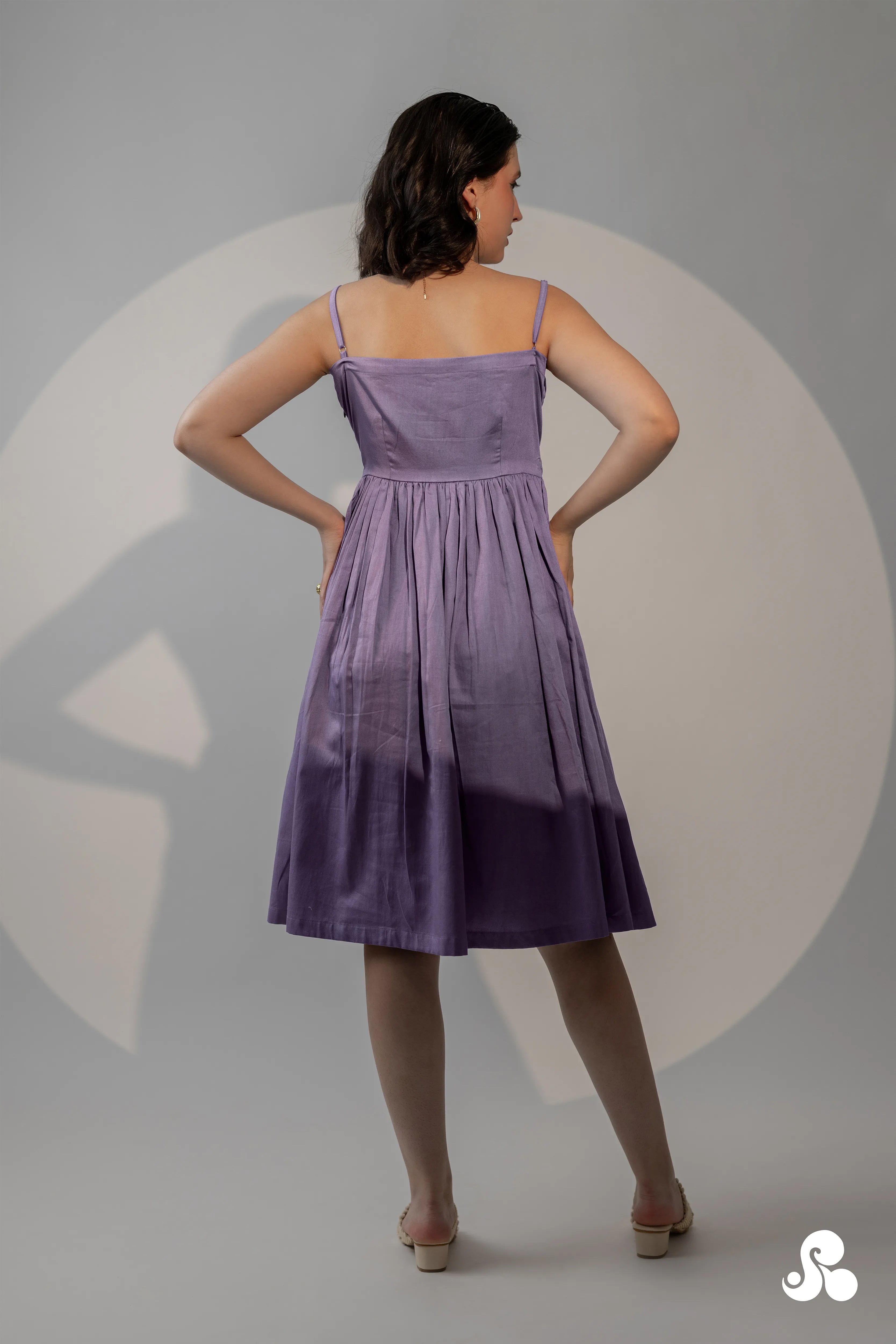 LAVENDER COTTON SATIN SMOCKED MIDI DRESS