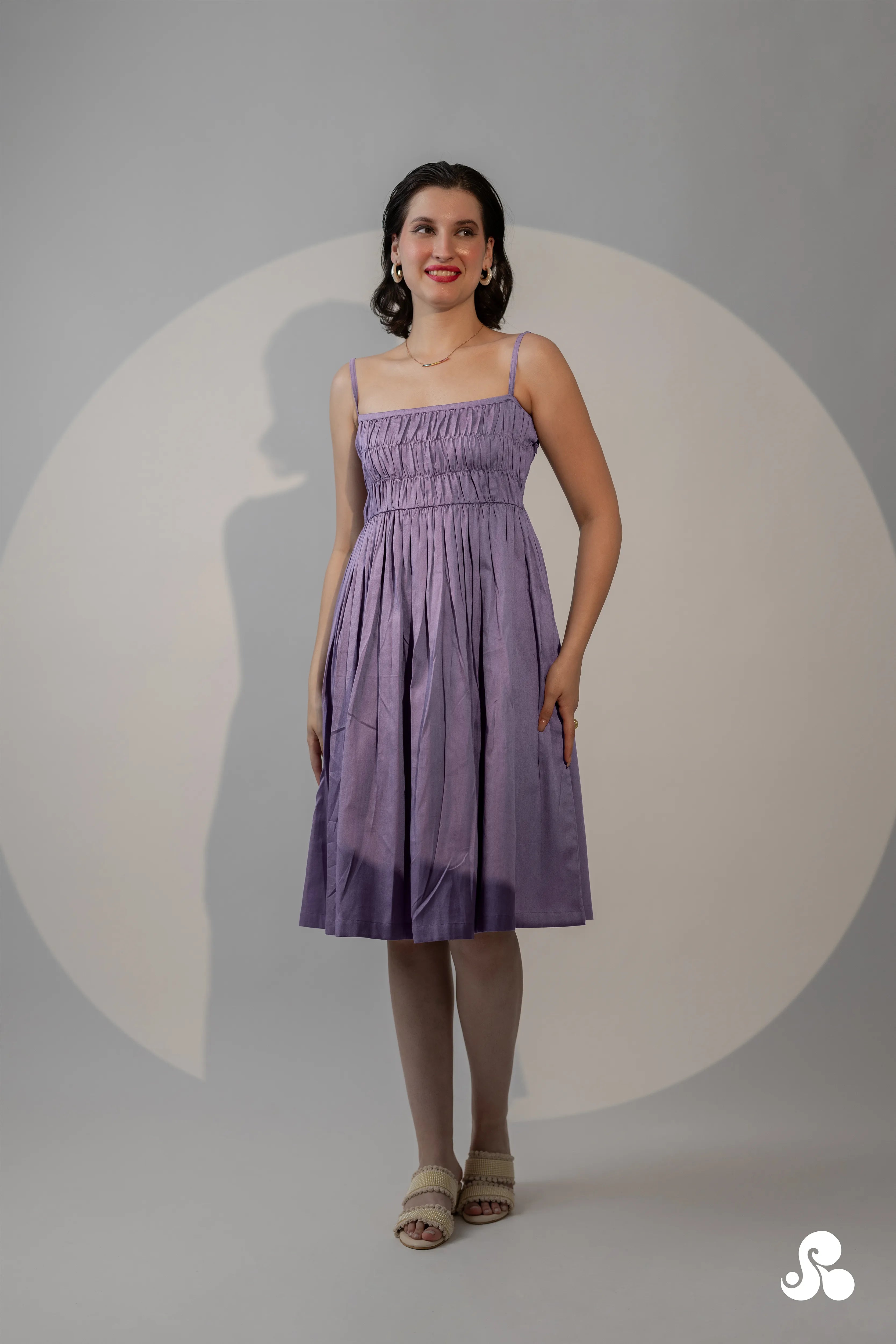 LAVENDER COTTON SATIN SMOCKED MIDI DRESS