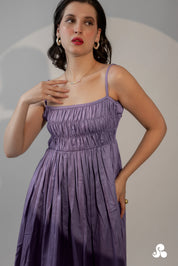 LAVENDER COTTON SATIN SMOCKED MIDI DRESS