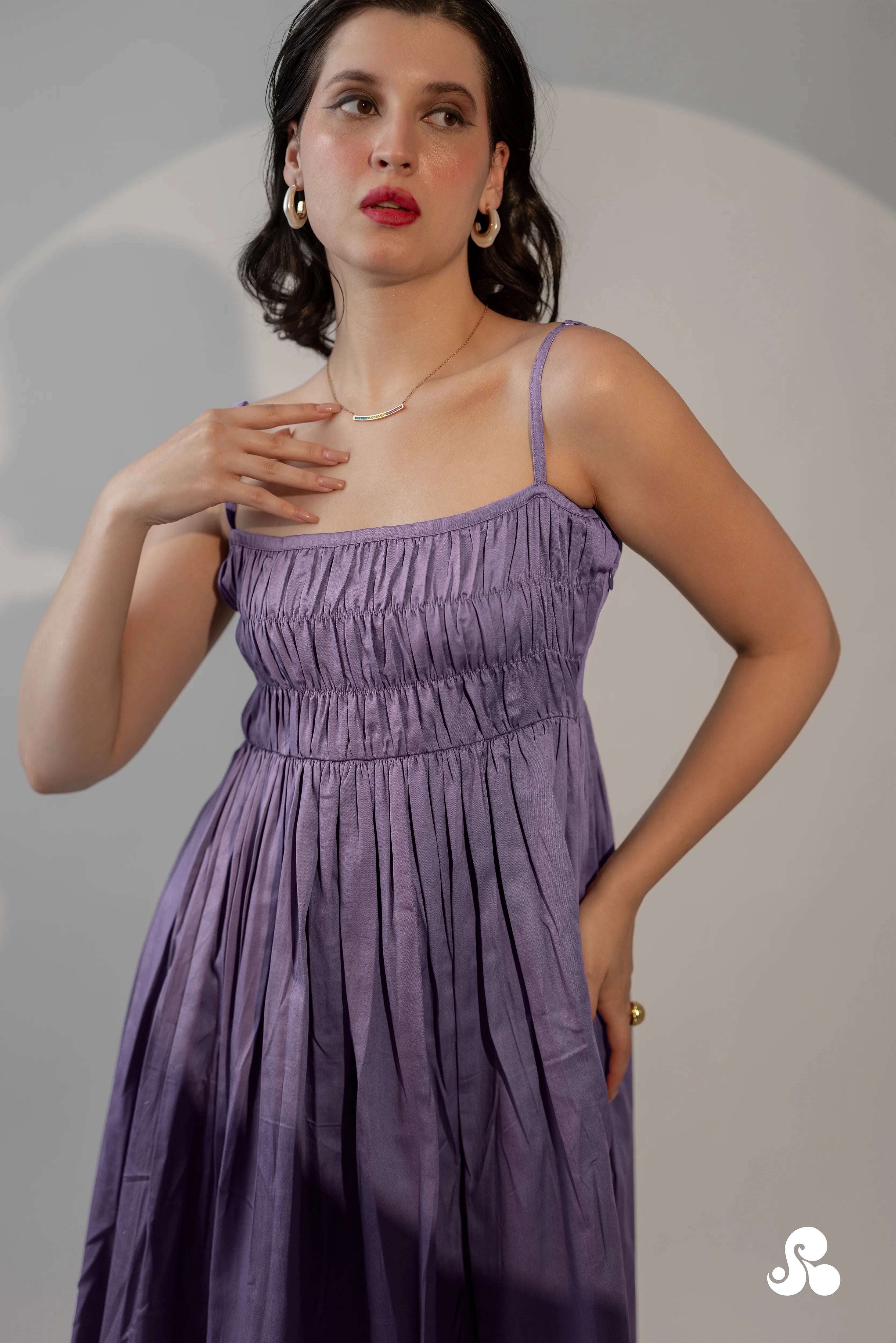 LAVENDER COTTON SATIN SMOCKED MIDI DRESS