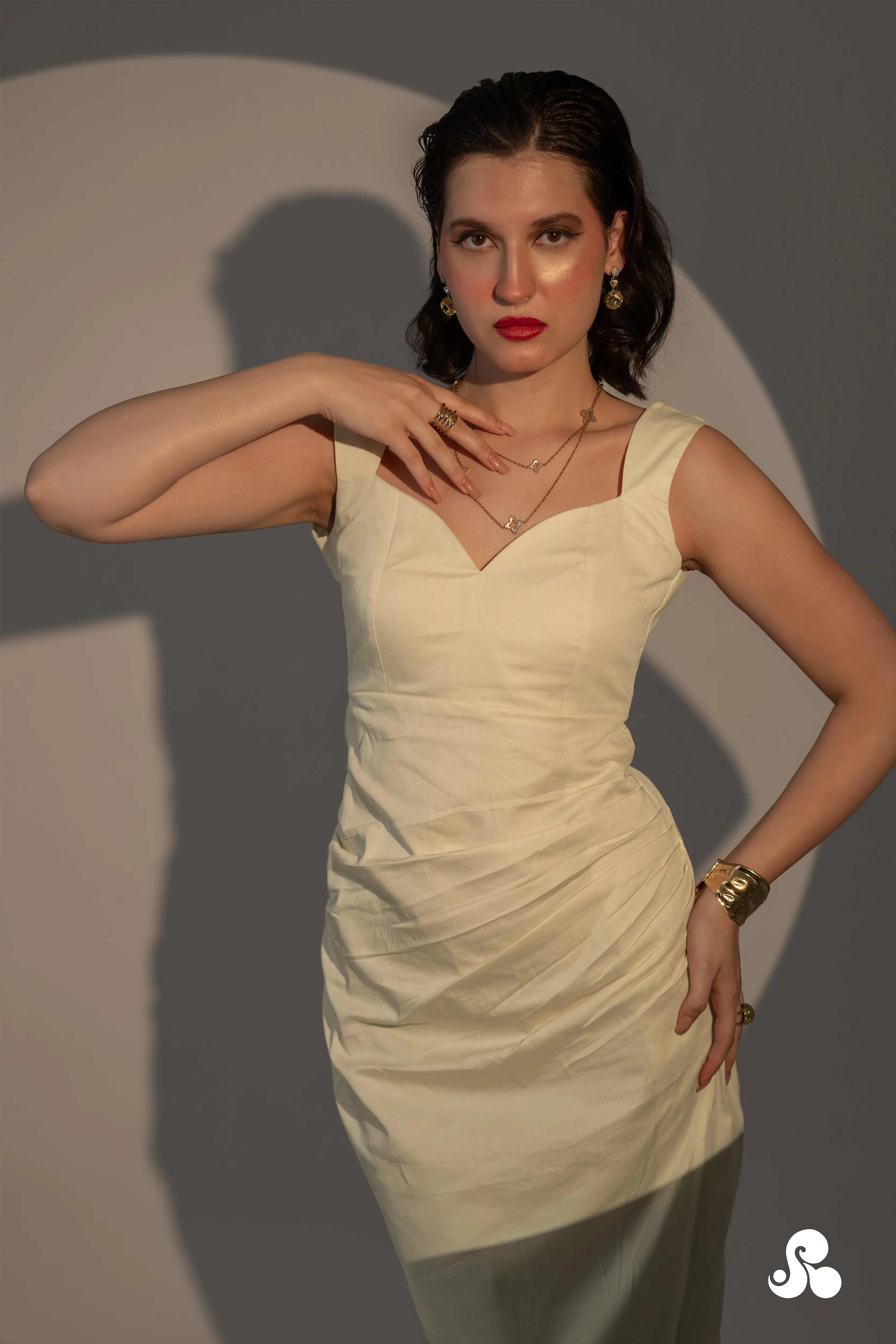 RUCHED COTTON SATIN DRESS