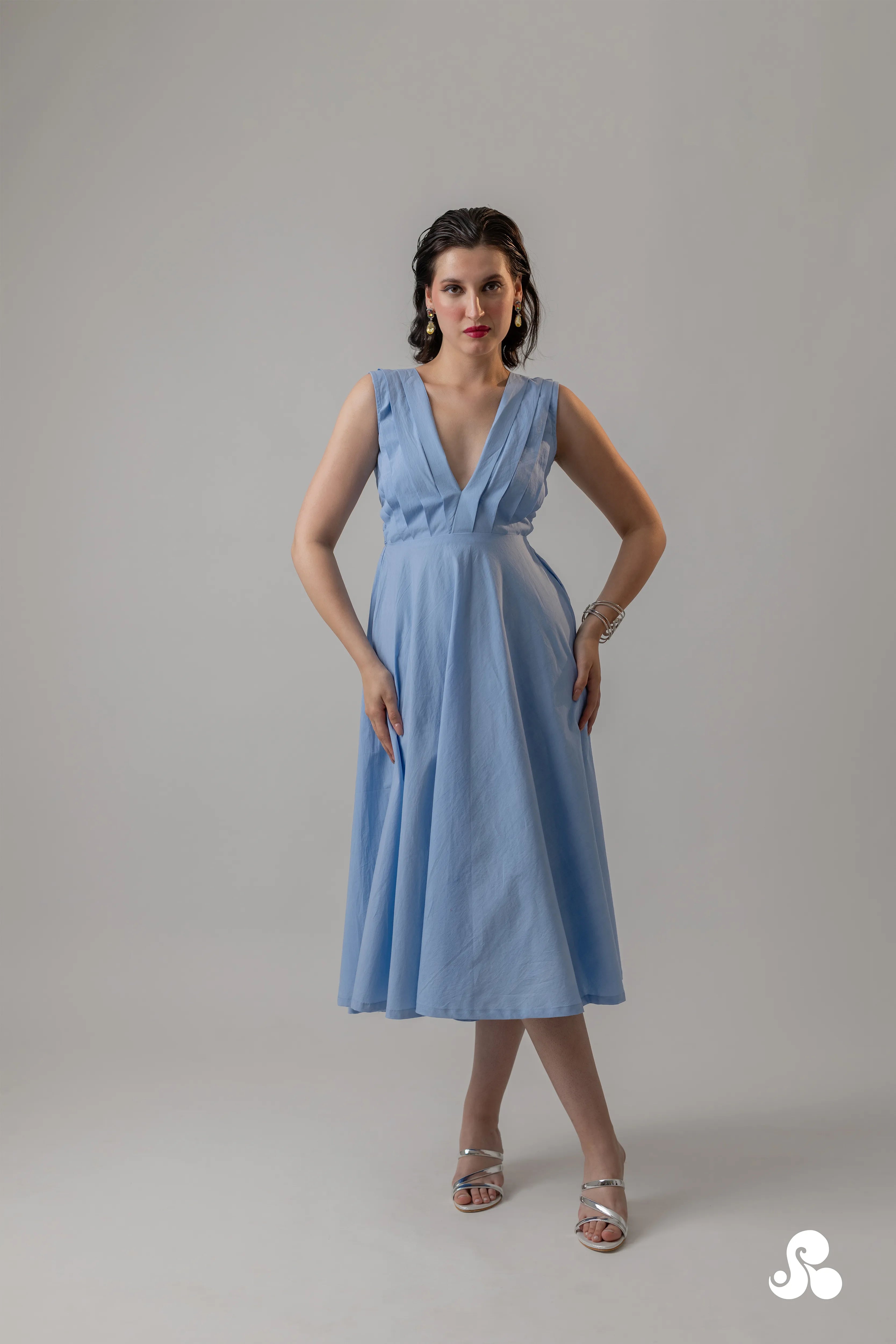 POWDER BLUE COTTON POPLIN MIDI DRESS