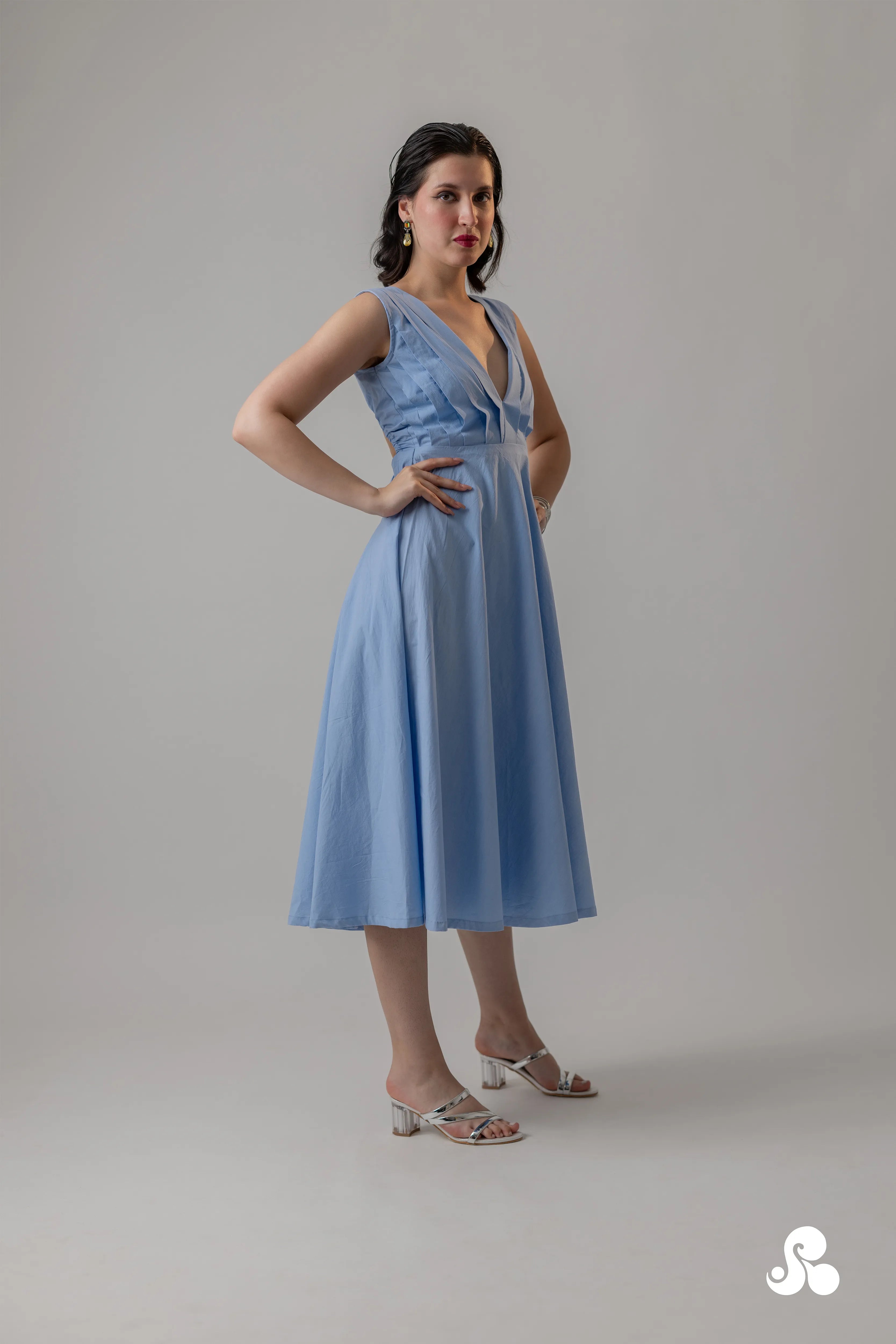 POWDER BLUE COTTON POPLIN MIDI DRESS