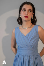 POWDER BLUE WRAP-FRONT PLEATED MIDI DRESS