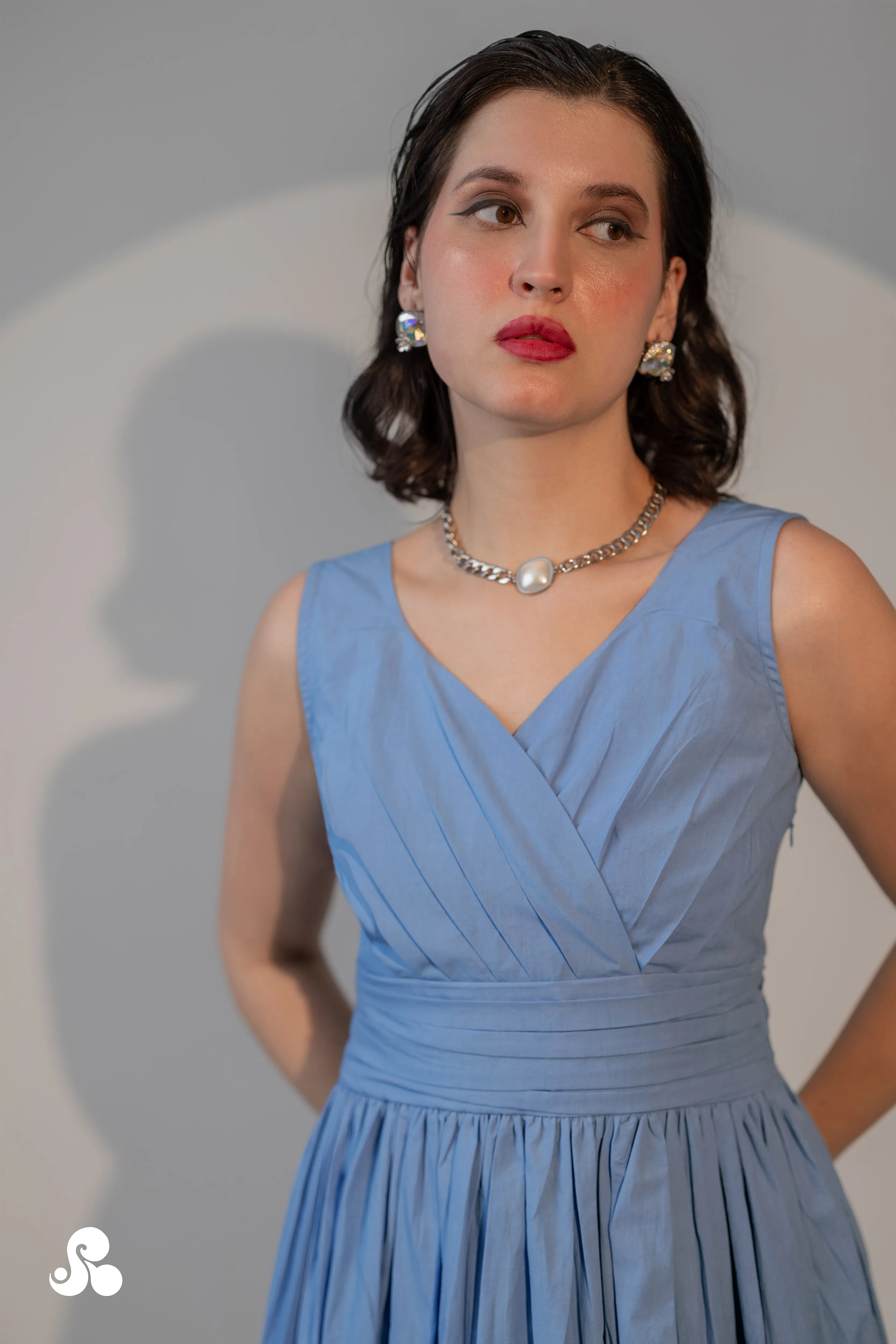 POWDER BLUE WRAP-FRONT PLEATED MIDI DRESS