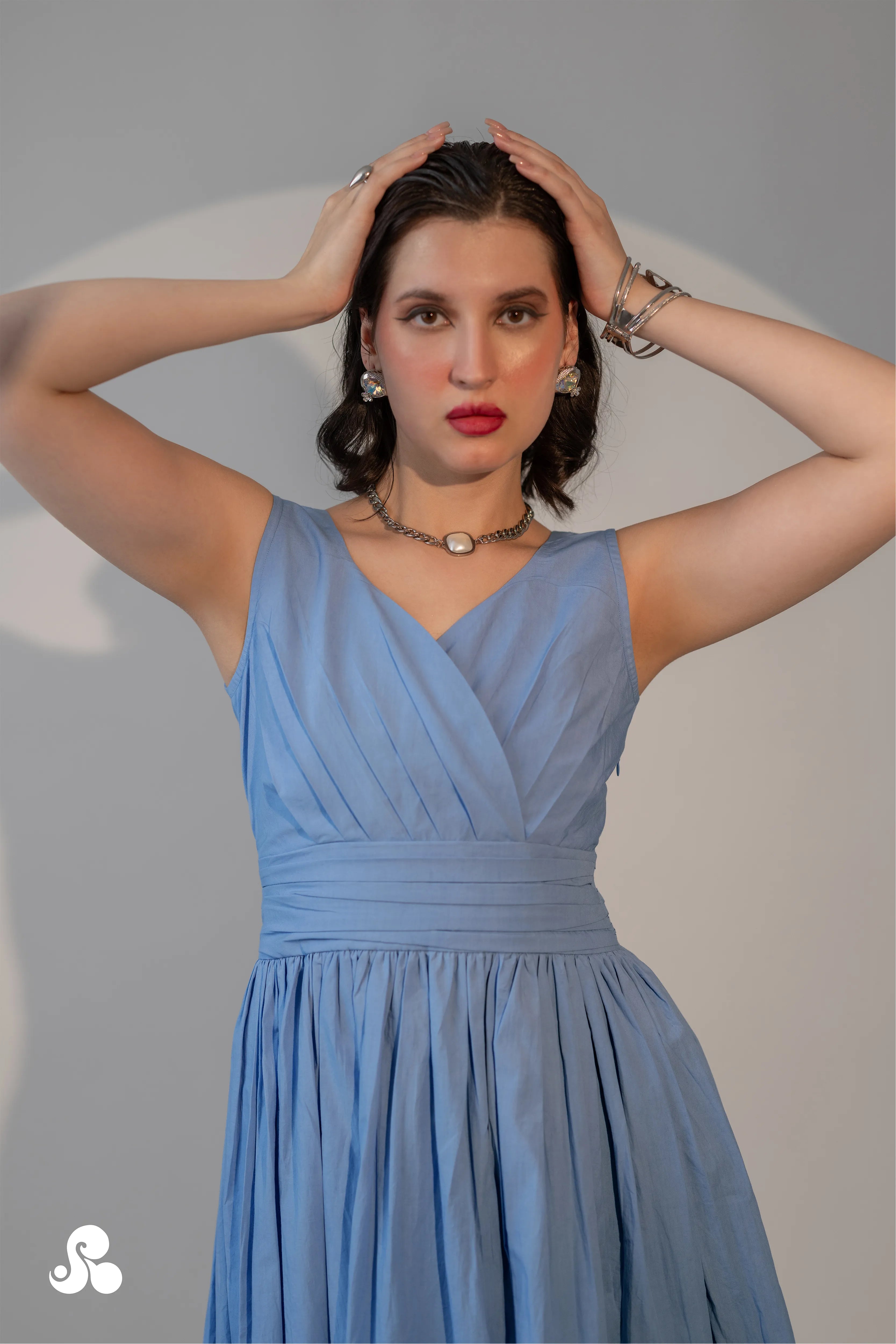POWDER BLUE WRAP-FRONT PLEATED MIDI DRESS