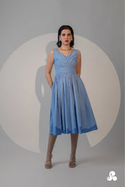 POWDER BLUE WRAP-FRONT PLEATED MIDI DRESS