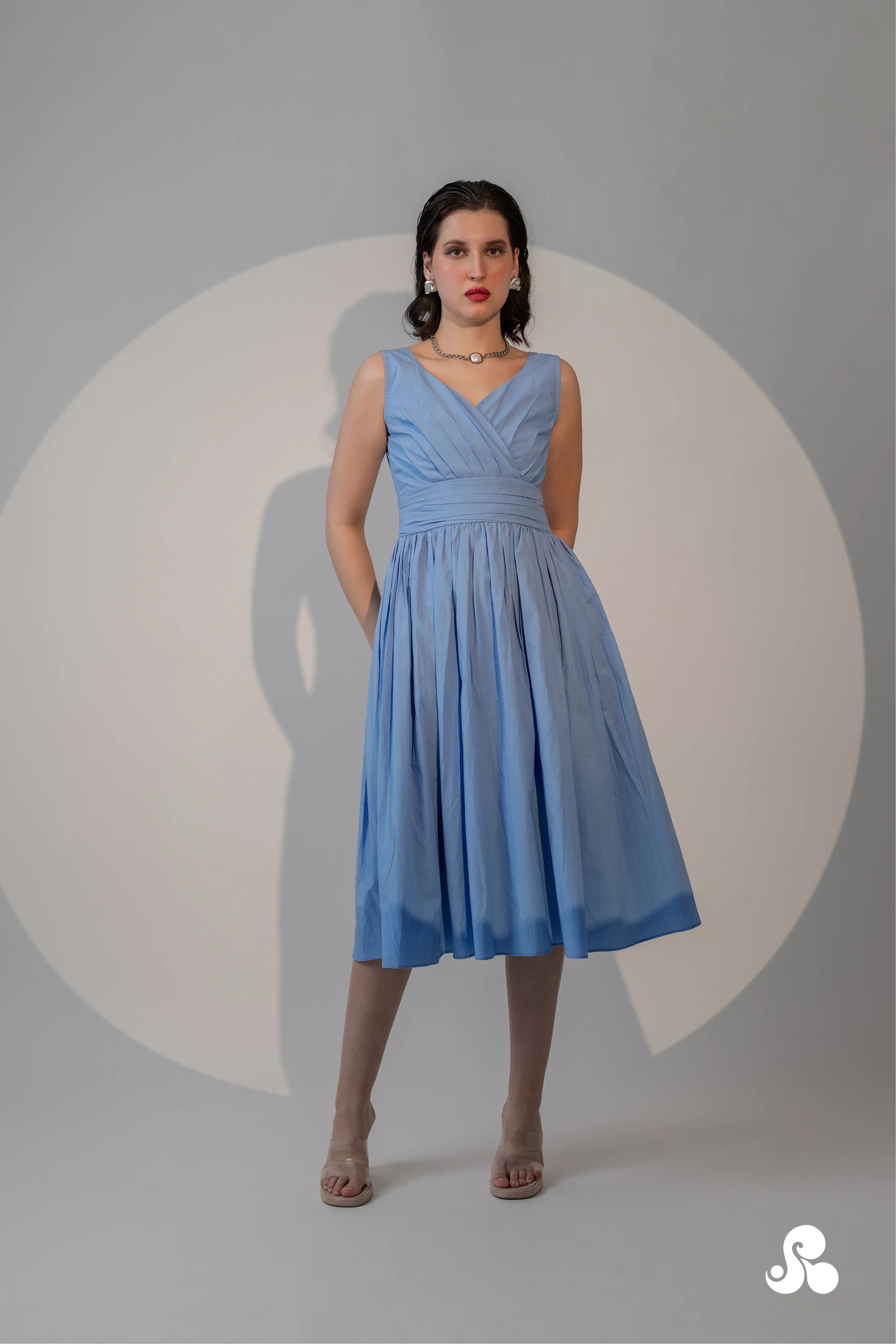 POWDER BLUE WRAP-FRONT PLEATED MIDI DRESS