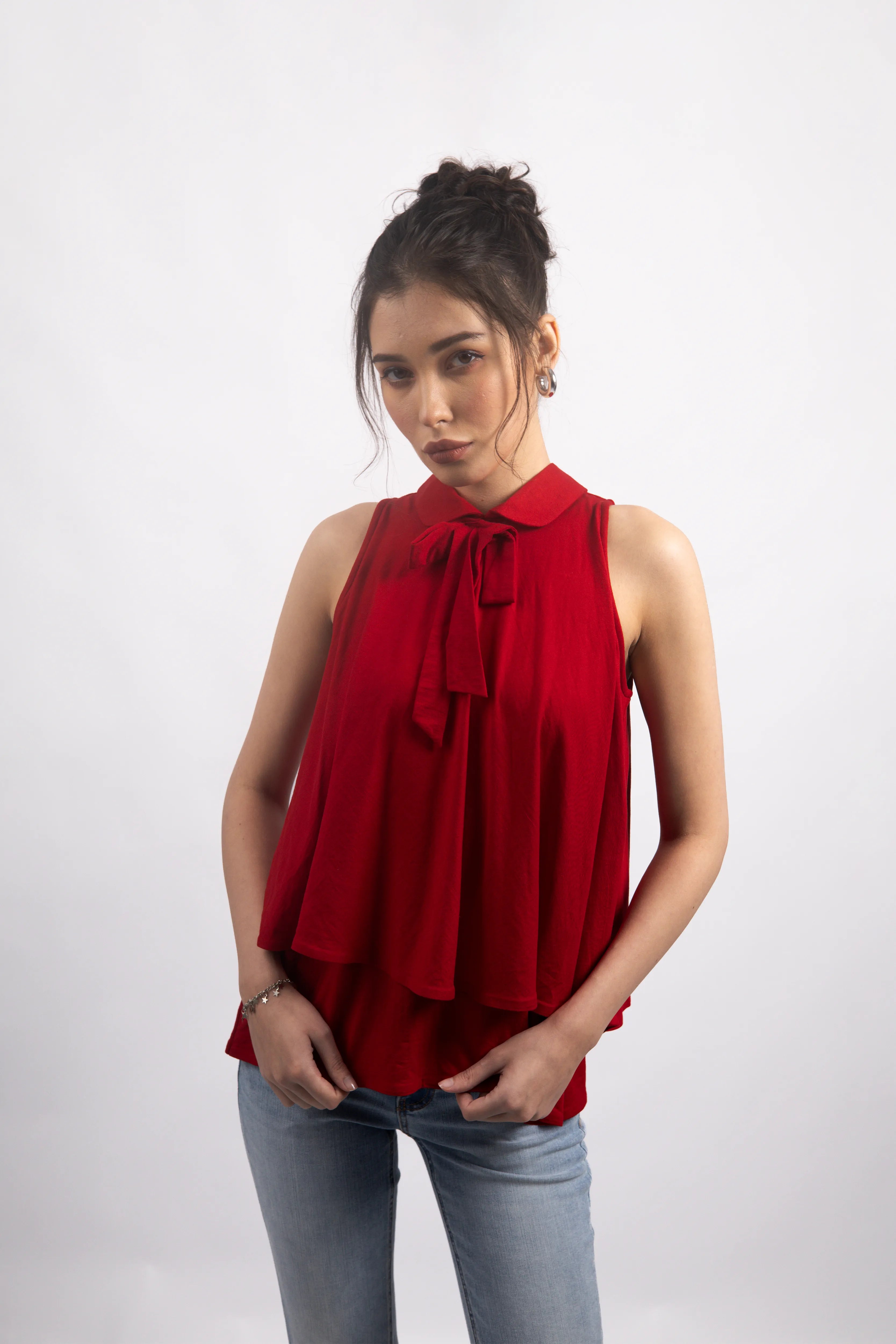 RED BOW COLLARED TOP