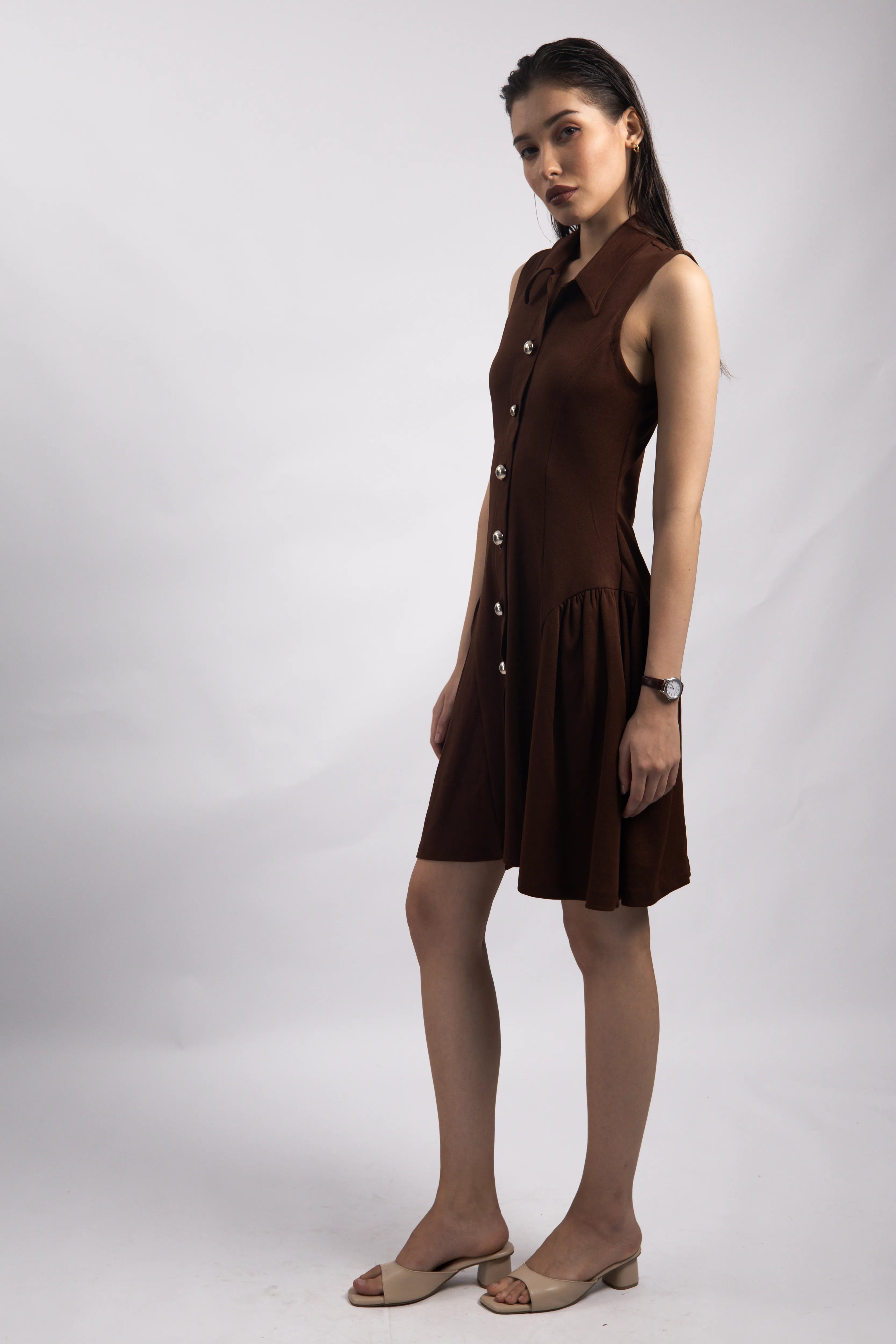 WALNUT BROWN COLLARED FLARE DRESS