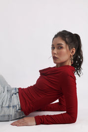 RED DRAPED COWL-NECK TOP