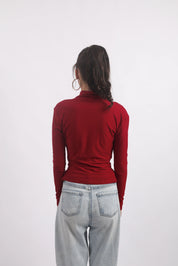 RED DRAPED COWL-NECK TOP