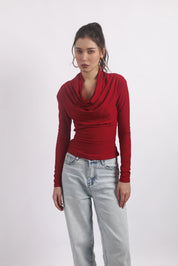 RED DRAPED COWL-NECK TOP