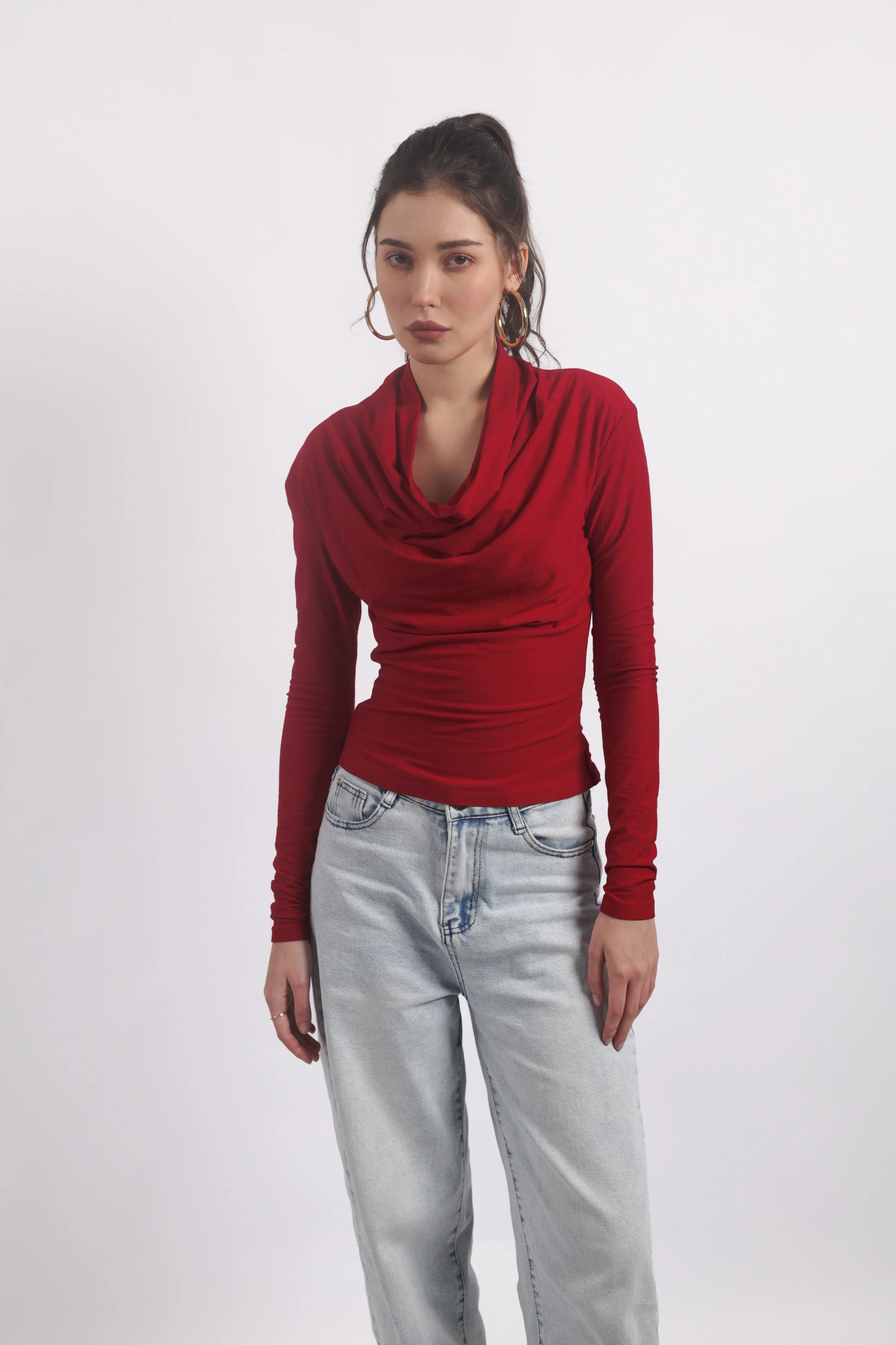 RED DRAPED COWL-NECK TOP