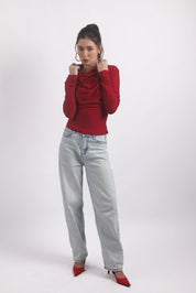RED DRAPED COWL-NECK TOP