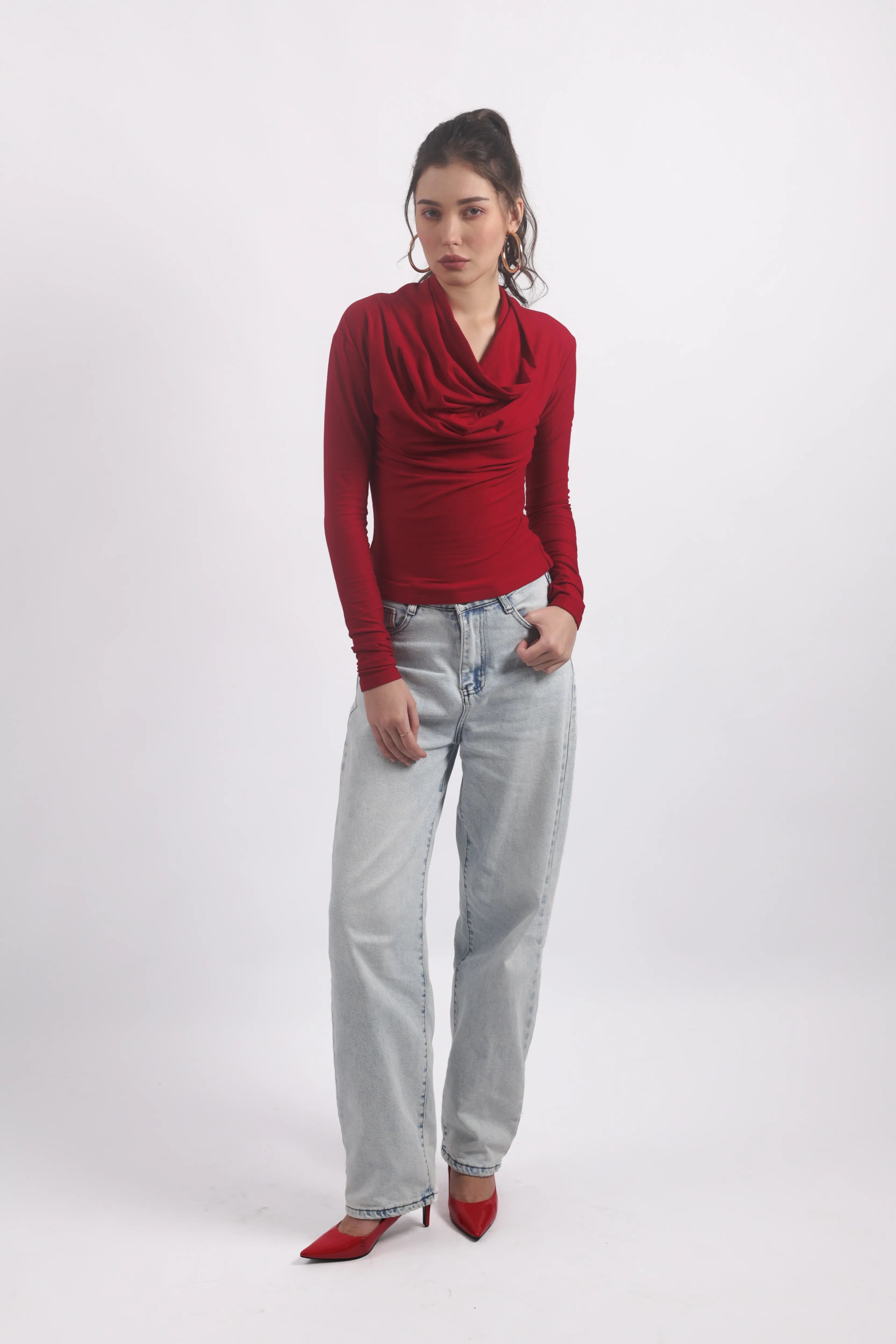 RED DRAPED COWL-NECK TOP