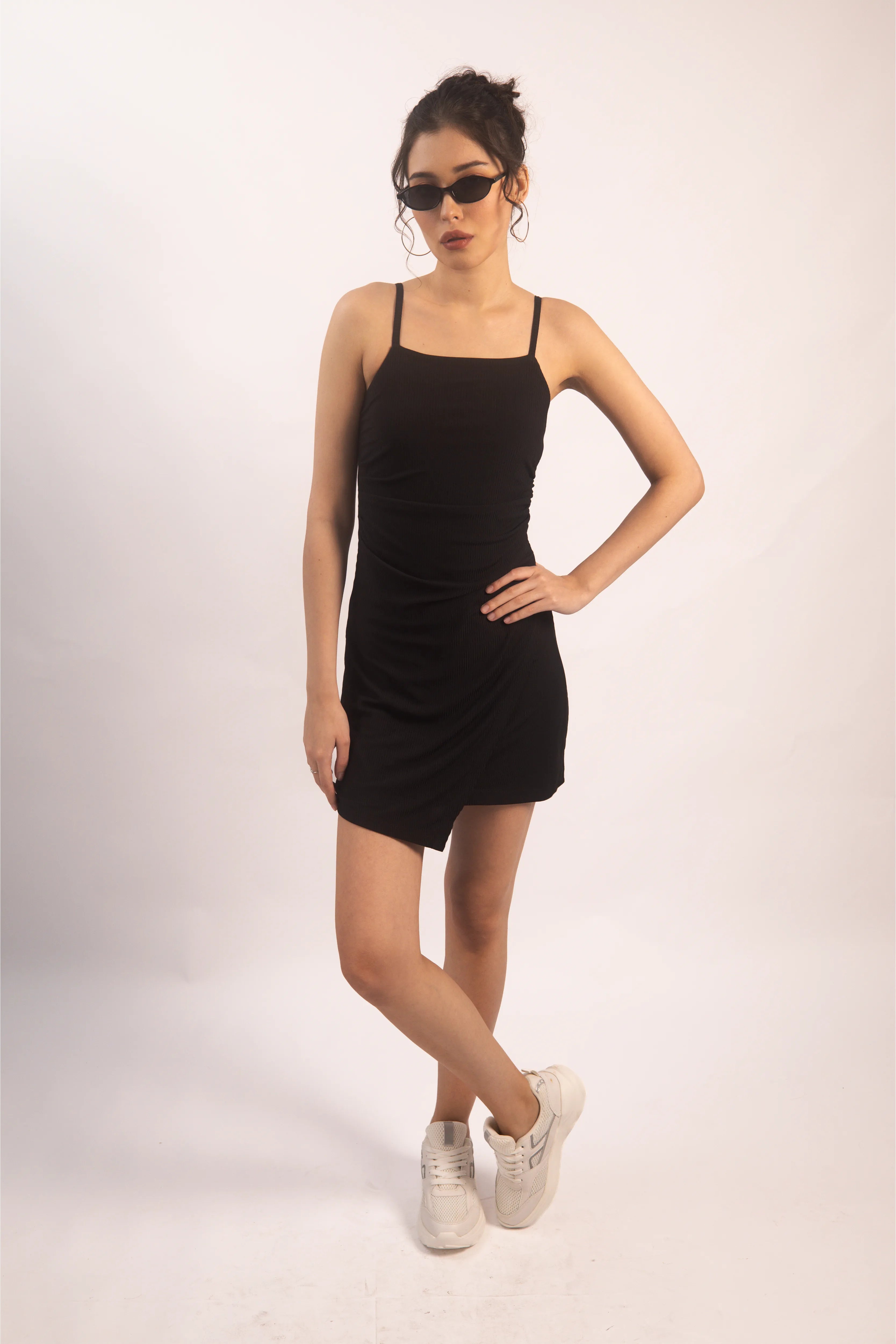 BLACK RUCHED MINI DRESS